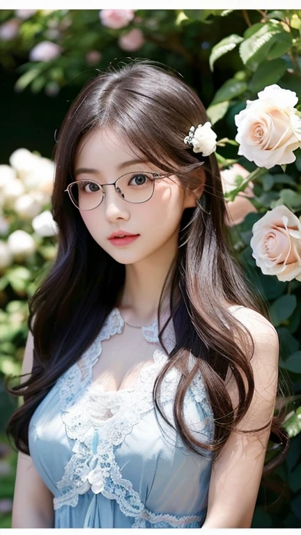 Masterpiece、highest quality、8k、Ultra HD、Ultra HDの写真、Japanese beauties in the shade、Surrounded by beautiful roses、 Beautiful white skin、Wearing a light blue lace dress、Beautiful long black straight hair、Beautiful Hazel Eyes、Always wears glasses、Full body portrait、In the background is a beautiful garden with roses in full bloom、Medium chest