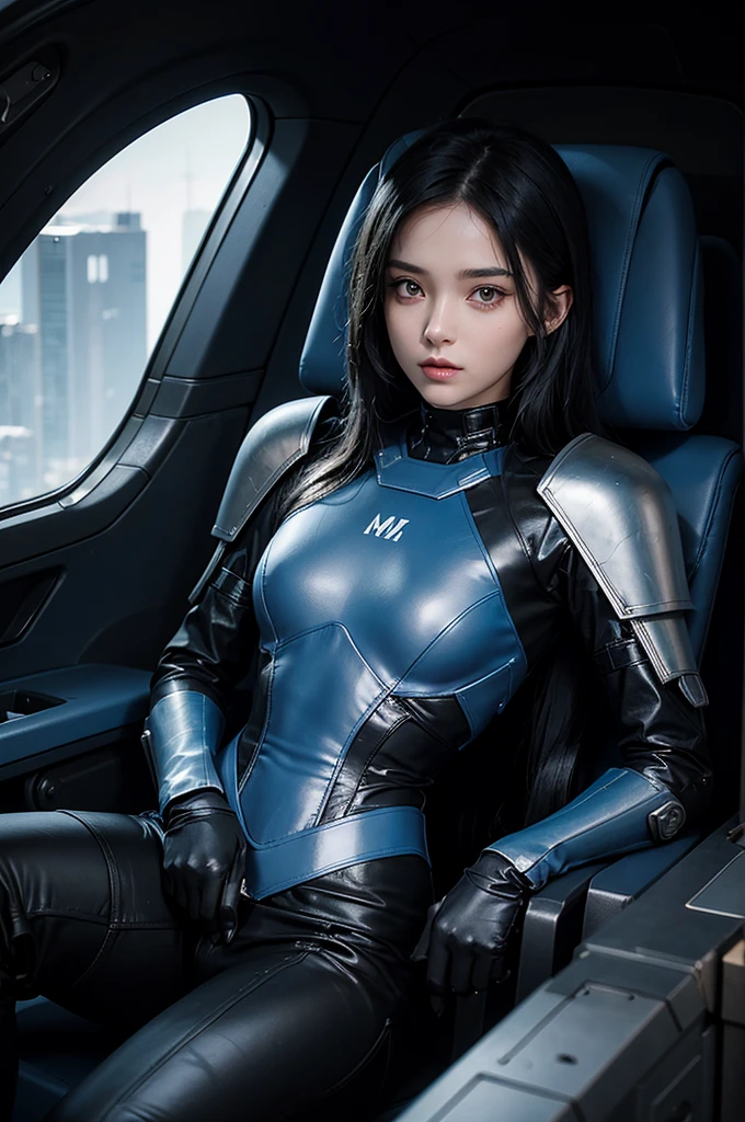 A beautiful woman. 20 years old. Black Hair. She was wearing a blue and black metal combat suit. She looks at the camera with a provocative expression. She was sitting in the cockpit of a small spaceship.