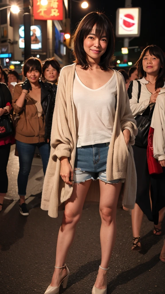 ((highest quality)), ((8K)), ((masterpiece: 1.3)), (Perfect appearance), (Photorealism: 1.6), (Profile of a Japanese mature woman passing by in a crowd), (Shibuya scramble crossing at night: 1.4), (In the middle of the scramble intersection: 1.2), (Detailed background), (60 years old, Japanese Mature), (Beautiful Japanese mature woman: 1.2), ((front, Center of screen)), ((Realistic skin texture)), (Fine lines all over the skin), (Dull skin), (Moisture wrinkles on the face), (Wrinkles around the eyes), double eyelid, Tear bags under the eyelids, Smiling gently, Short bangs, hair with natural movement, (Casual attire: 1.4), High heels, (Full body portrait: 1.4),