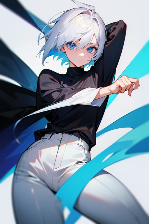 character has white hair blue eyes black shirt white pants