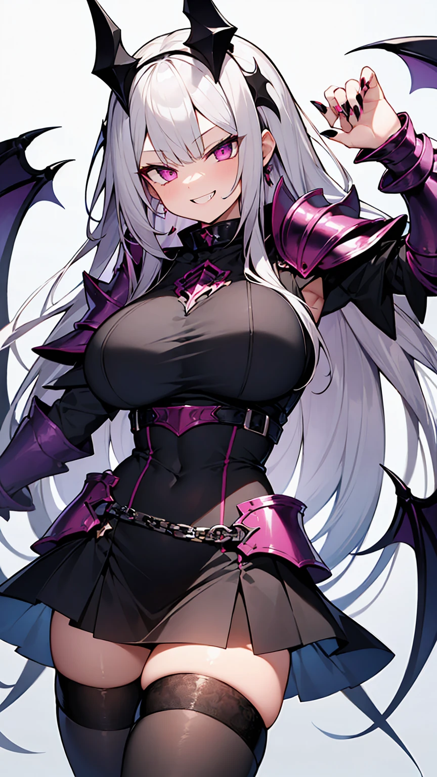 highest quality、4k、masterpiece、Silver Hair、Sharp Eye、Pink Eyes、vampire、Gal、冷酷なsmile、smile、Black and purple gothic armor、Black knee-highs、Large Breasts、darkness、Aggressive、insanity、Murderous Intent、cool、Ahegao、Red nails