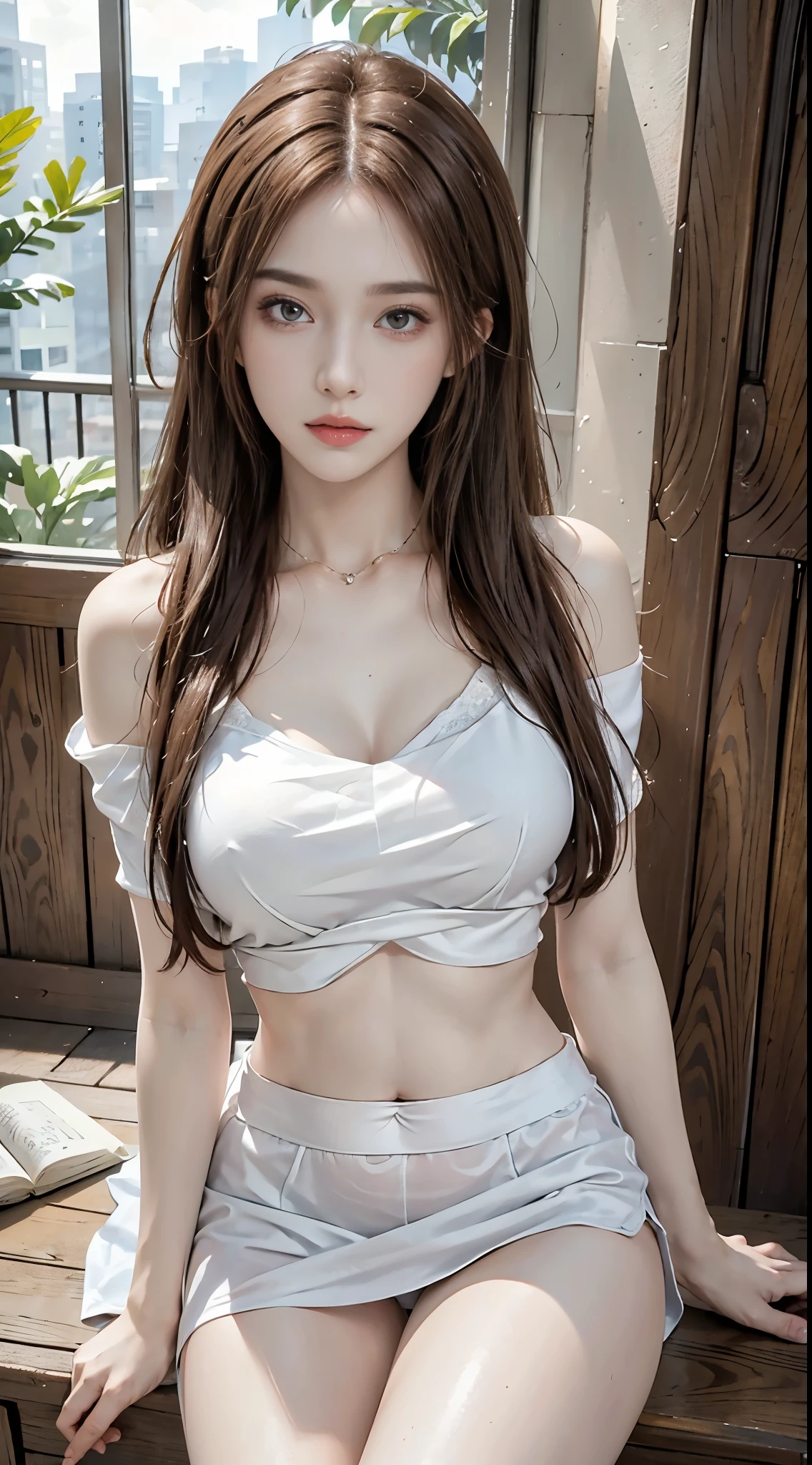 realistic, High resolution, 1 female, alone,  body shot, slim but curvy, view viewer, (detailed face), ginger hair, long hair, white thin crop top, jewelry（off shoulder)、Front opening,（Upskirt）、（lace panties）her hand is down the front of the skirt. 