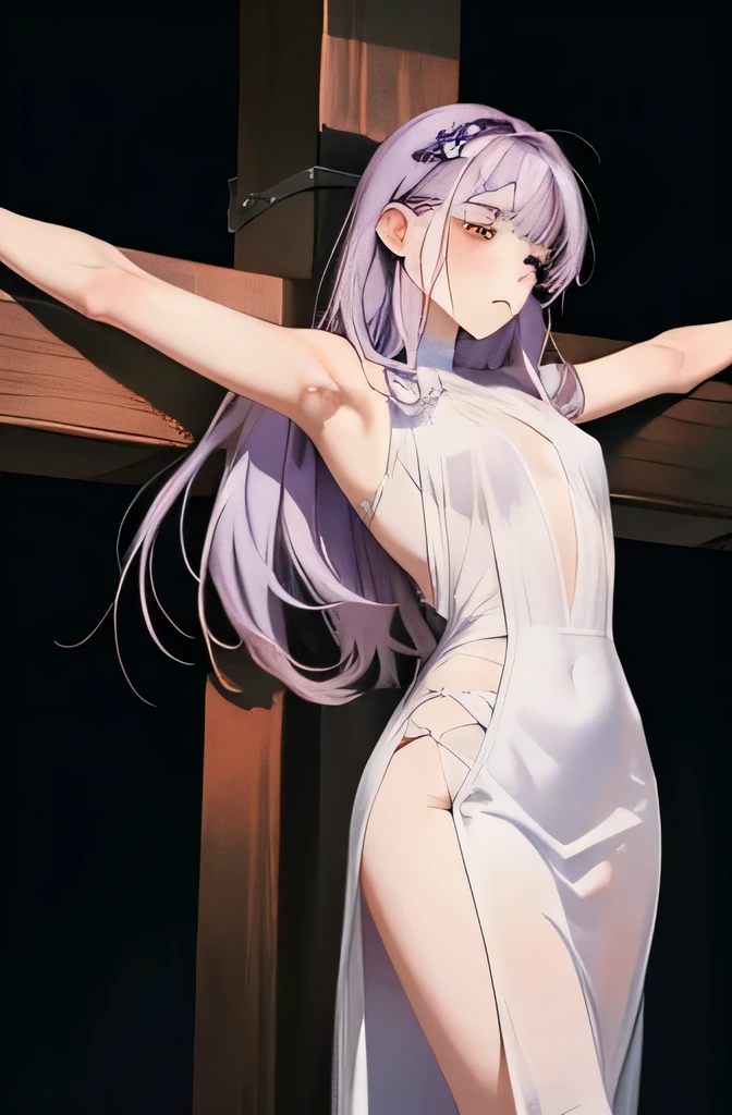 masterpiece　Anime Style　Crucifixion　BDSM　Whole body expression　bondage　SM　conversion　cross　Beautiful woman with very long light purple hair　Perfect body　Sleeveless white see-through sexy dress、White see-through long skirt　Look Down　Downcast eyes、defeat、despair　Are crying　Medium Chest　Beautiful legs　Pitch Black Hell　Dark fantasy