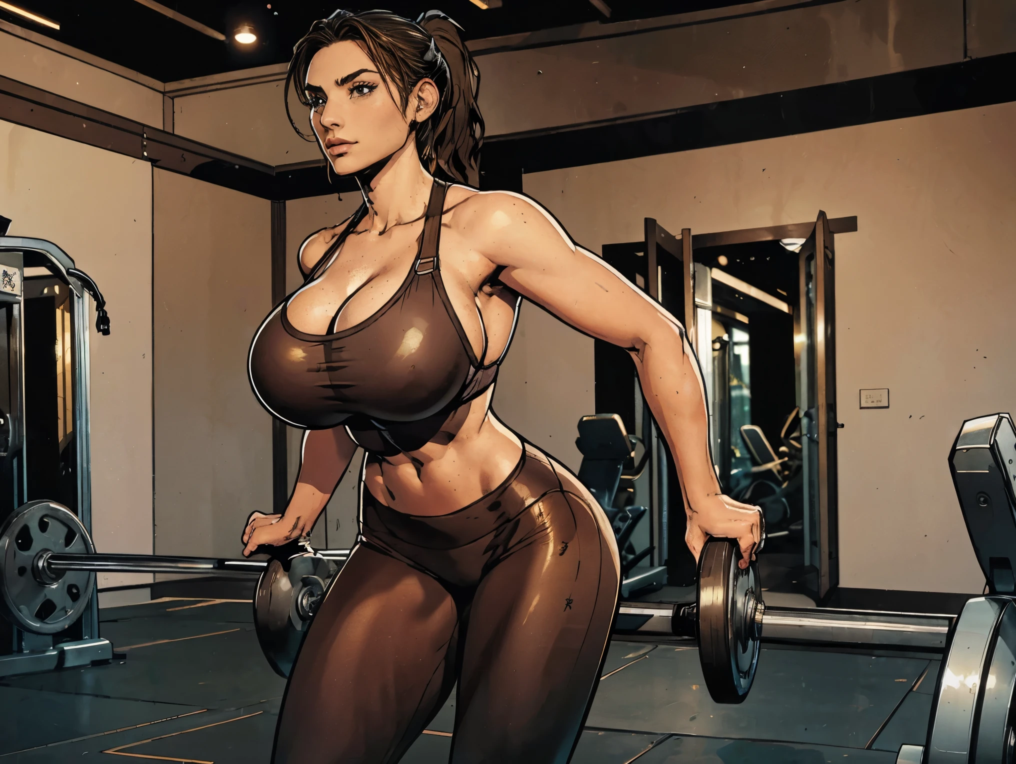 (masterpiece, top quality, best quality, official art, beautiful and aesthetic:1.2), (1girl:1.3), (gorgeous face), light freckles, fair skin, brown hair, extremely detailed, portrait, looking at viewer, solo, (full body:0.6), detailed background, close up, (airy modern theme:1.1), extremely busty gym girl, ponytail, big lips, arched back, flexing her bicep, charlatan, smirk, mysterious, sstanding in the gym, sports bra, leggings, headphones, wet, workout gear, weight machines, windows, modern gym, well-lit, thin and toned physique, gigantic breasts, cleavage, skindentation, slim waist, slim hips, long legs, modern (gym interior:1.1) background, dark mysterious lighting, shadows, magical atmosphere, dutch angle,