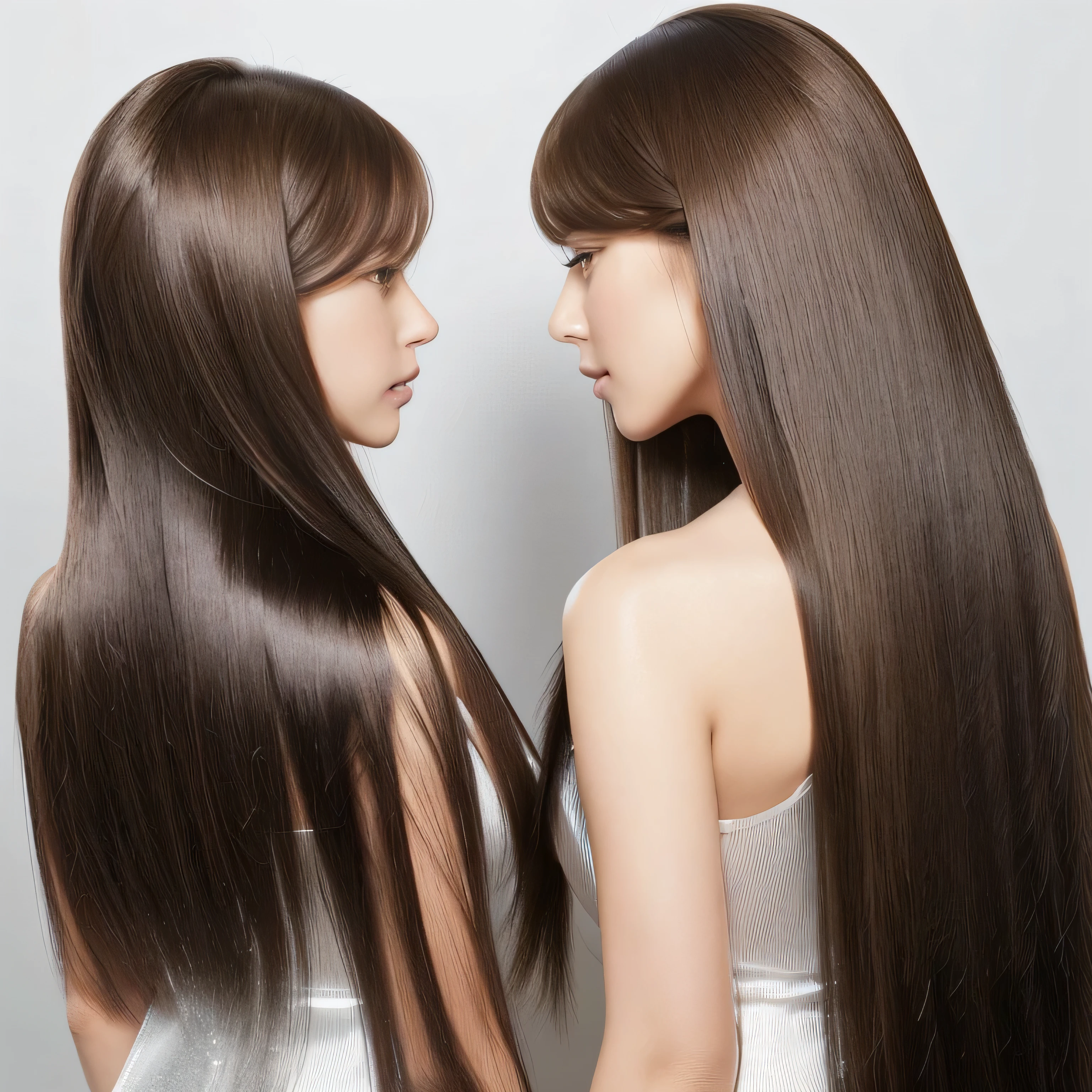 (They are identical twins and are practically clones. Hairstyle、The hair color is the same) ((The woman on the right is facing forward, posing with her hair wide open.:2.0 The woman on the left is facing away from her, completely exposing her back and hair.:2.0)) ((Close-up of two people from the waist up)) ((Beautiful 24 year old hair model with long light brown hair Fell straight down Reaches up to the kneeVery long hair highest quality Highest detail Reaches up to the knee、Very long hair that lasts forever:1.3 Flowing Hair 私ncredibly straight hair Very shiny そして thick hair Abnormally long hair that lasts forever Flowing Hair on both ends long hair up to the knees:1.2 long hair up to the knees:1.2 Thick and shiny hair Very free hair Abnormally long hair!!!!! Beautiful silky hair Beautiful and shiny hair Beautiful and shiny hair Beautiful silky hair Hair that grows to the knees Very very, Very long hair!!!!! Very very, Very long hair!!!!!)) (highest quality The best ultra-fine Reaches up to the knee、Very long hair that lasts forever Flowing Hair Her hair is gently permed Very shiny そして thick hair Abnormally long hair that lasts forever Flowing Hair on both ends long hair up to the knees:1.2 long hair up to the knees:1.2 Thick and shiny hair Very free hair Abnormally long hair!!!!! Beautiful silky hair Super long hair down to the knees Beautiful and shiny hair Beautiful and shiny hair Beautiful silky hair Hair that grows to the knees Very very, Very long hair!!!!! Very very, Very long hair!!!!!)) (Her bangs are perfectly trimmed and straight down.:1.3) ((Her hair color is light brown:1.5)) (Pure white wall background:1.8 Pure White Sofa) (Japan'The sexiest and most beautiful 24 year old model) (She looks at the viewer with a very seductive expression......) ((highest quality)), ((masterpiece)), (Familiar) (Get used to it) Perfect Face (Her skin is a typical Japanese skin color.. And very detailed) (Big Breasts:1.3) (She is wearing a shiny white camisole.) (She has a beautiful face and a typical Japanese figure...., Narrow eyes) (She has perfect 美しい and sexy makeup and face Lipstick is light red A solid eyeliner) ((Rich 1.4)) (Extremely detailed 8K) (Ultra-fine skin texture 1.4) (Actual, Vibrant:1.4), double eyelid Sharp focus:1.2、Beautiful woman:1.4 Dynamic Lighting (Genuine RAW photos taken by professional photographers) Professional Hair Shine. (She has a bright and cheerful face) (Her face is slim and dignified.., length, Narrow eyes..々Nice face)