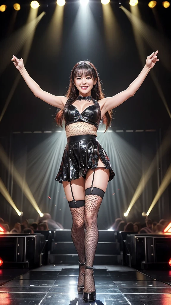 (best quality,4k,8k,highres,masterpiece:1.2),ultra-detailed,realistic:1.37,a girl performing on an idol stage,sexy costumes,singing and dancing gracefully,energetic atmosphere,stage lights,synchronized choreography,vibrant colors,audience cheering,high-energy performance,stylish stage props,shimmering sequins,expressive facial expressions,sweat glistening on their skin,transcendent stage presence,dynamic camera angles,hypnotizing vocals,dazzling stage effects,professional concert setting,captivating dance moves,explosive energy,large LED screens showcasing stunning visuals,thumping music beats,loud applause and cheers,futuristic stage design,glamorous makeup and hairstyles,enchanted audience,fishnet stockings and stiletto heels,fierce dance formations,heartwarming smiles,confetti shower at the climax,overwhelming emotions,emotional connection with fans,exquisite dance routines,flawless harmony and precision,sparkling microphone in hand,captivating stage persona,unforgettable performance