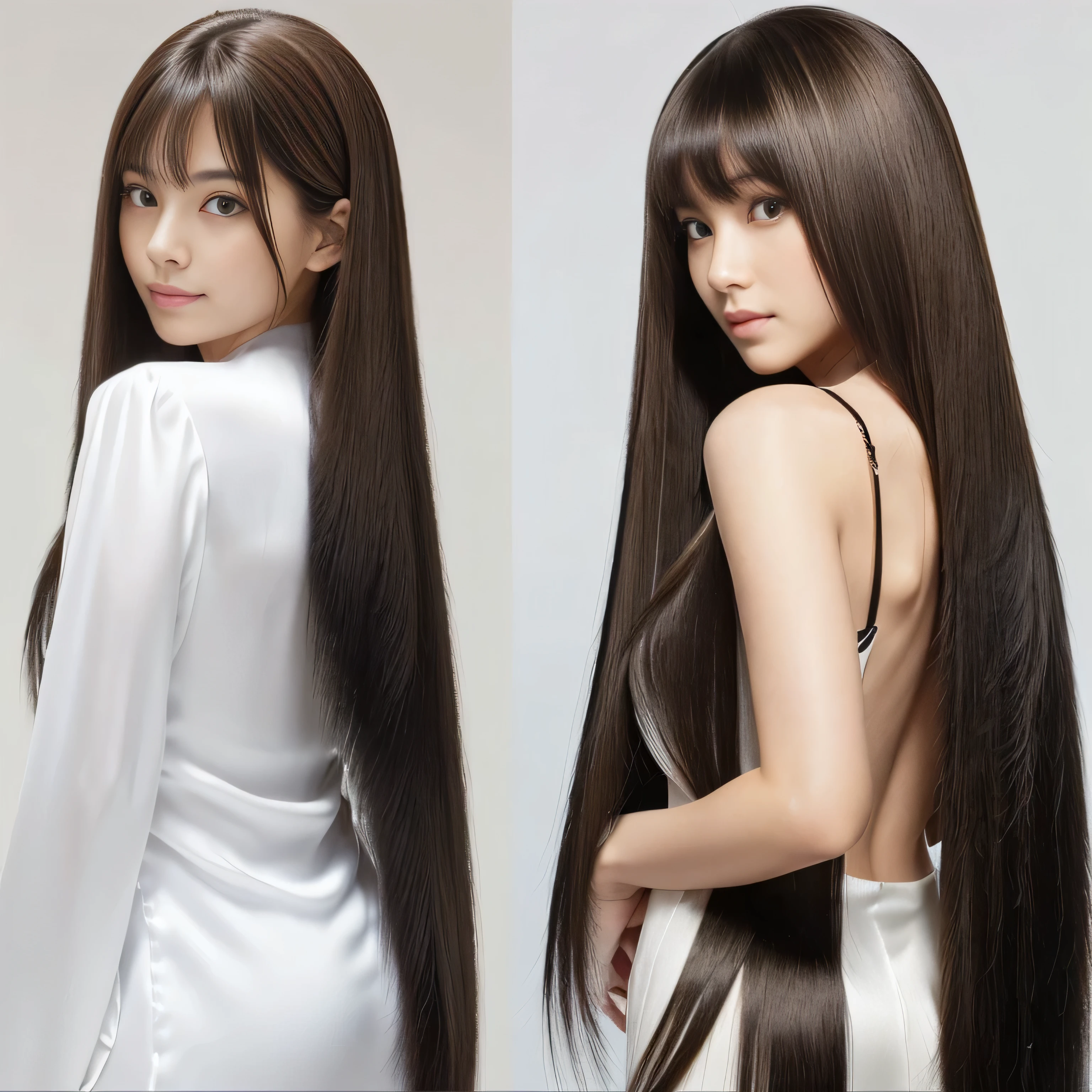 (They are identical twins and are practically clones. Hairstyle、The hair color is the same) ((The woman on the right is facing forward, posing with her hair wide open.:2.0 The woman on the left is facing away from her, completely exposing her back and hair.:2.0)) ((Close-up of two people from the waist up)) ((Beautiful 24 year old hair model with long light brown hair Fell straight down Reaches up to the kneeVery long hair highest quality Highest detail Reaches up to the knee、Very long hair that lasts forever:1.3 Flowing Hair 私ncredibly straight hair Very shiny そして thick hair Abnormally long hair that lasts forever Flowing Hair on both ends long hair up to the knees:1.2 long hair up to the knees:1.2 Thick and shiny hair Very free hair Abnormally long hair!!!!! Beautiful silky hair Beautiful and shiny hair Beautiful and shiny hair Beautiful silky hair Hair that grows to the knees Very very, Very long hair!!!!! Very very, Very long hair!!!!!)) (highest quality The best ultra-fine Reaches up to the knee、Very long hair that lasts forever Flowing Hair Her hair is gently permed Very shiny そして thick hair Abnormally long hair that lasts forever Flowing Hair on both ends long hair up to the knees:1.2 long hair up to the knees:1.2 Thick and shiny hair Very free hair Abnormally long hair!!!!! Beautiful silky hair Super long hair down to the knees Beautiful and shiny hair Beautiful and shiny hair Beautiful silky hair Hair that grows to the knees Very very, Very long hair!!!!! Very very, Very long hair!!!!!)) (Her bangs are perfectly trimmed and straight down.:1.3) ((Her hair color is light brown:1.5)) (Pure white wall background:1.8 Pure White Sofa) (Japan'The sexiest and most beautiful 24 year old model) (She looks at the viewer with a very seductive expression......) ((highest quality)), ((masterpiece)), (Familiar) (Get used to it) Perfect Face (Her skin is a typical Japanese skin color.. And very detailed) (Big Breasts:1.3) (She is wearing a shiny white camisole.) (She has a beautiful face and a typical Japanese figure...., Narrow eyes) (She has perfect 美しい and sexy makeup and face Lipstick is light red A solid eyeliner) ((Rich 1.4)) (Extremely detailed 8K) (Ultra-fine skin texture 1.4) (Actual, Vibrant:1.4), double eyelid Sharp focus:1.2、Beautiful woman:1.4 Dynamic Lighting (Genuine RAW photos taken by professional photographers) Professional Hair Shine. (She has a bright and cheerful face) (Her face is slim and dignified.., length, Narrow eyes..々Nice face)