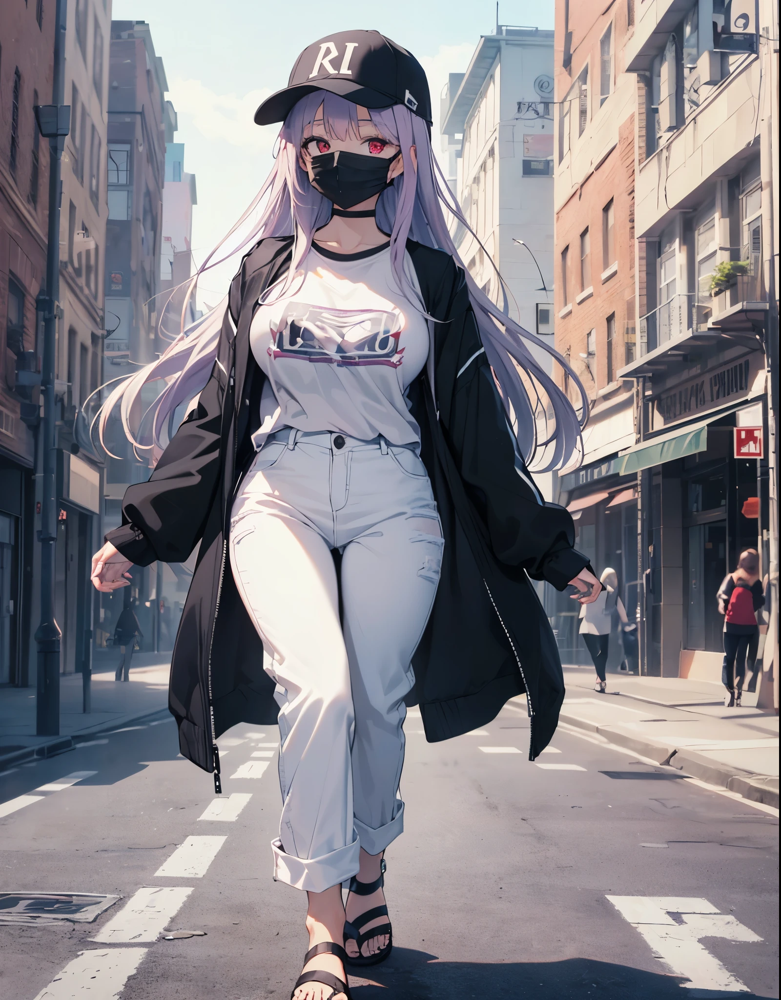 Realistic,highest quality, Super detailed, High-quality CG rendering, The most delicate and beautiful, Floating softly, High resolution, (1 female), (highest quality,4K,8k,masterpiece:1.2), Light purple hair,Long Hair,Red eyes,(Slightly larger breasts:1.5),(White oversized long sleeve T-shirt:1.3),(Black oversized pants:1.3),(White cap:1.3),In the city,old buildings,(Black Mask:1.4),(whole body:1.3),(Sandals:1.2)