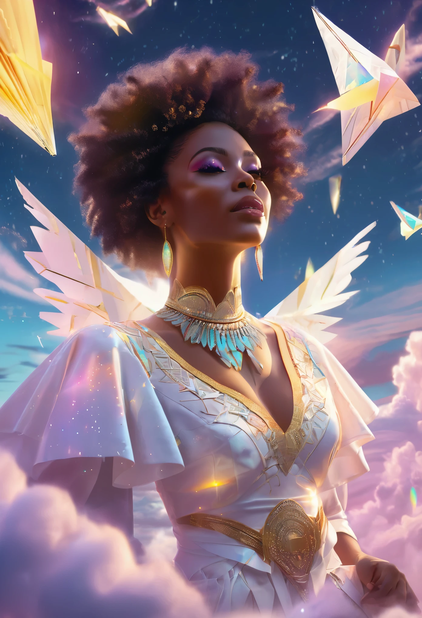 A black woman floating in the sky, surrounded by a beautiful aurora borealis in the sky, she's dressed in white African designed clothes, paper planes flying around her, 32k, ultra HD, sunlight piercing through the clouds providing a beautiful cinematic scene.