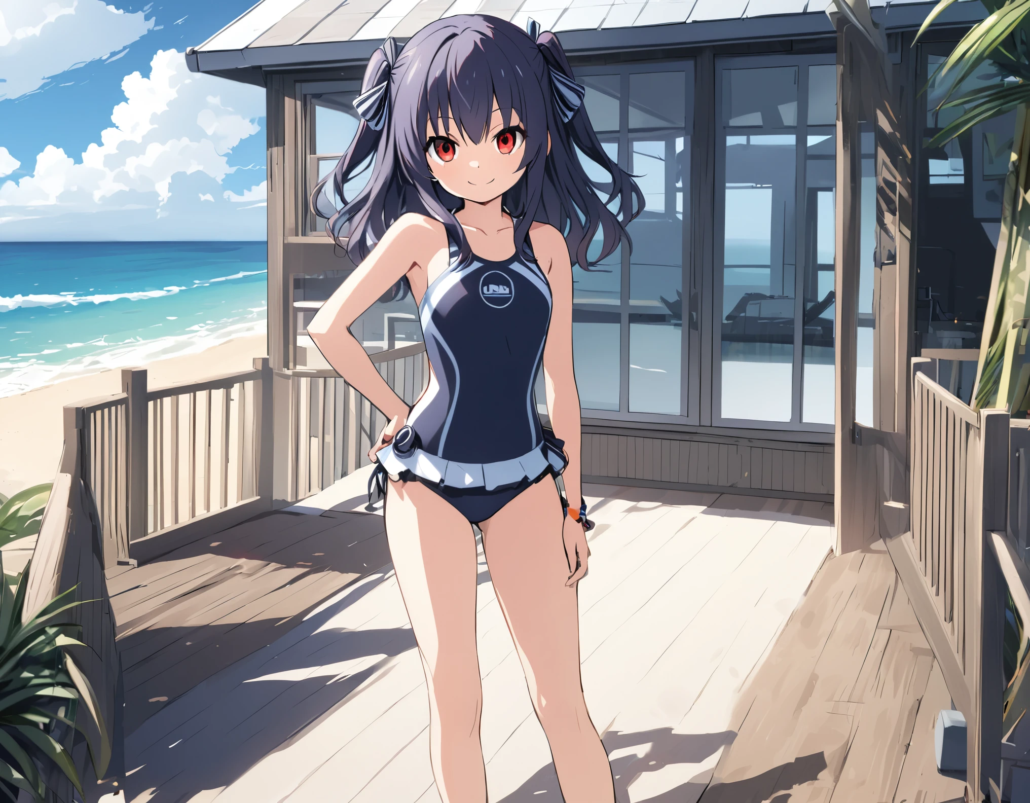 ,Beach House,solo,swim wear,two side up,hair ribbon,red eye,wide shot,smile,close mouth,Posing,uni