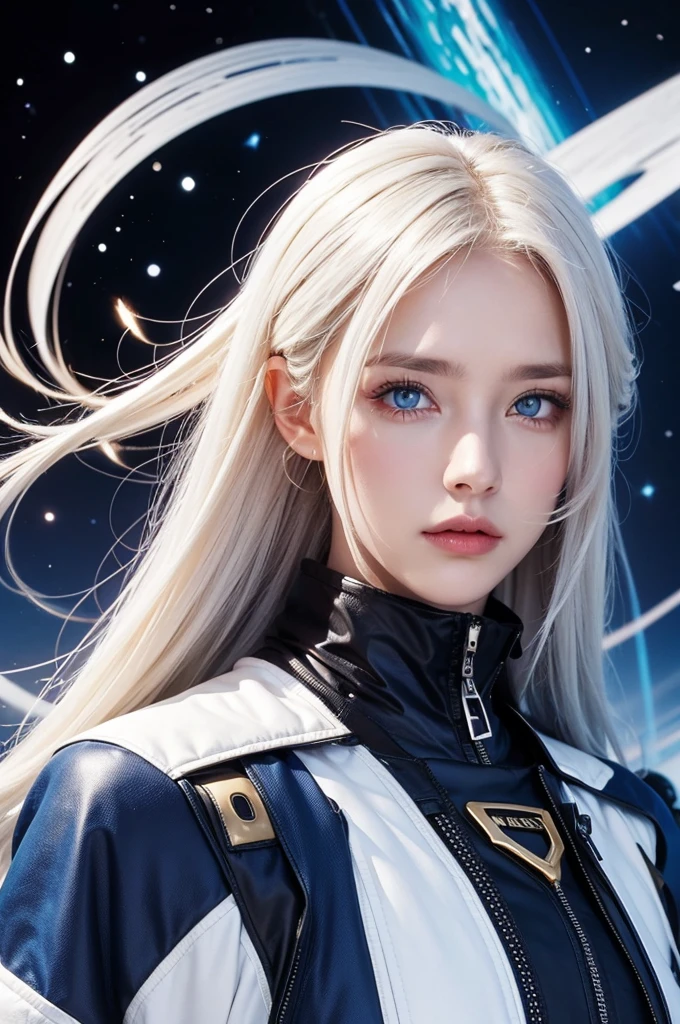 woman ,golden white hair,blue eyes,,,Black space suit