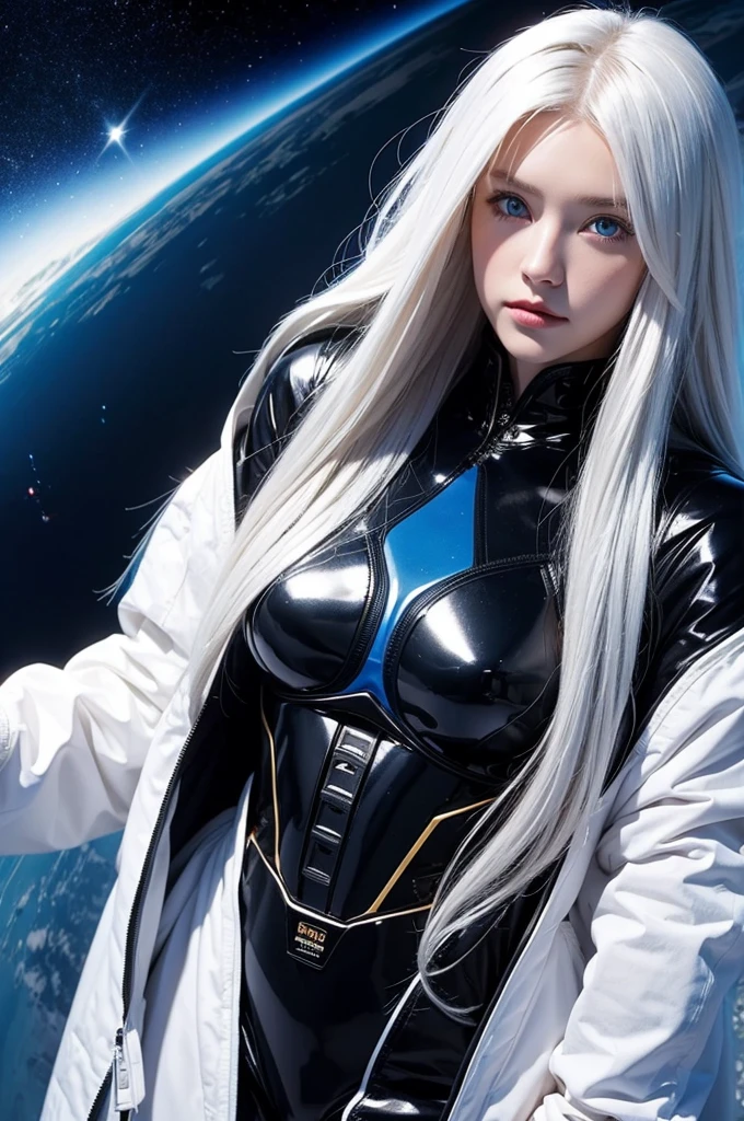 woman ,golden white hair,blue eyes,,,Black space suit