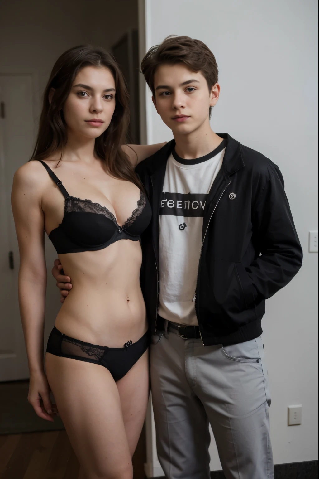photography of a 55yo woman standing with boy who is much shorter (t-shirt) , perfect face, masterpiece, bra, underwear, black_bra, jacket, black_pantie. Fully wearing.