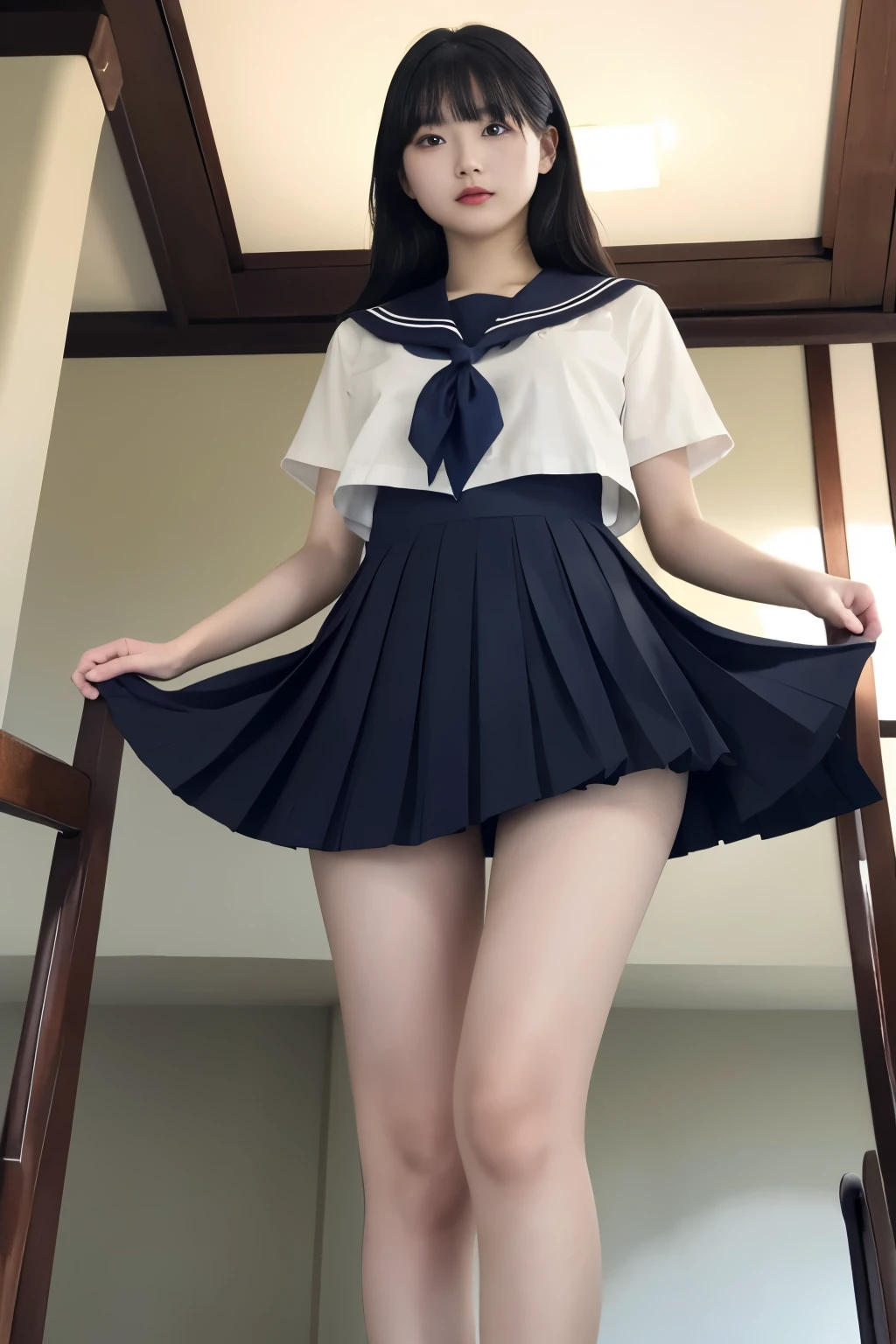 (a woman is hiding in the shadow), (((round face, drooping eyes, eyes realistic sizing))), , ((navy sailor suit, pleated skirt, sailor scarf, white-socks, loafers)), (((incontinent, peeing, humiliated))), (((pee dripping from the crotch))), embarrassing, outdoor,