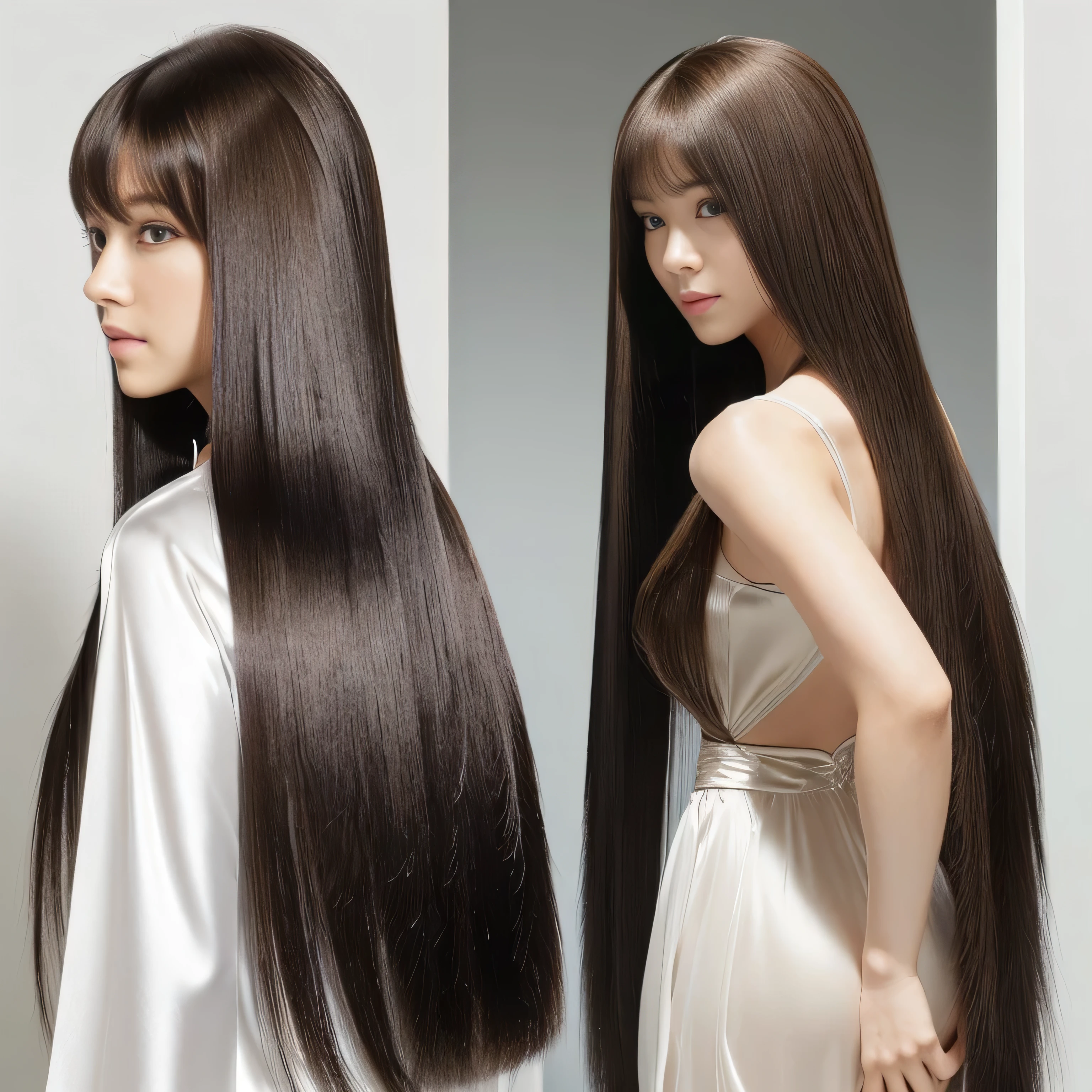 (They are identical twins and are practically clones.　Hairstyle、The hair color is the same)　((The woman on the right is facing forward, posing with her hair wide open.:2.0　The woman on the left is facing away from her, completely exposing her back and hair.:2.0))　((Close-up of two people from the waist up))　((Beautiful 24 year old hair model with long light brown hair　Fell straight down　Reaches up to the kneeVery long hair　highest quality　Highest detail　Reaches up to the knee、Very long hair that lasts forever:1.3　Flowing Hair　私ncredibly straight hair　Very shiny そして thick hair　Abnormally long hair that lasts forever　Flowing Hair on both ends　long hair up to the knees:1.2　long hair up to the knees:1.2　Thick and shiny hair　Very free hair　Abnormally long hair!!!!!　Beautiful silky hair　　Beautiful and shiny hair　Beautiful and shiny hair　Beautiful silky hair　Hair that grows to the knees　Very very, Very long hair!!!!!　Very very, Very long hair!!!!!))　(highest quality　The best ultra-fine　Reaches up to the knee、Very long hair that lasts forever　Flowing Hair　Her hair is gently permed　Very shiny そして thick hair　Abnormally long hair that lasts forever　Flowing Hair on both ends　long hair up to the knees:1.2　long hair up to the knees:1.2　Thick and shiny hair　Very free hair　Abnormally long hair!!!!!　Beautiful silky hair　Super long hair down to the knees　Beautiful and shiny hair　Beautiful and shiny hair　Beautiful silky hair　Hair that grows to the knees　Very very, Very long hair!!!!!　Very very, Very long hair!!!!!))　(Her bangs are perfectly trimmed and straight down.:1.3)　((Her hair color is light brown:1.5))　(Pure white wall background:1.8 Pure White Sofa)　(Japan&#39;The sexiest and most beautiful 24 year old model)　(She looks at the viewer with a very seductive expression......)　((highest quality)), ((masterpiece)), (Familiar)　(Get used to it)　Perfect Face　(Her skin is a typical Japanese skin color..　And very detailed)　　(Big Breasts:1.3)　(She is wearing a shiny white camisole.)　(She has a beautiful face and a typical Japanese figure...., Narrow eyes)　(She has perfect 美しい and sexy makeup and face　Lipstick is light red　A solid eyeliner)　((Rich 1.4))　(Extremely detailed 8K)　(Ultra-fine skin texture 1.4)　(Actual, Vibrant:1.4), double eyelid　Sharp focus:1.2、Beautiful woman:1.4　Dynamic Lighting　(Genuine RAW photos taken by professional photographers)　　Professional Hair Shine.　(She has a bright and cheerful face)　(Her face is slim and dignified.., length, Narrow eyes..々Nice face)