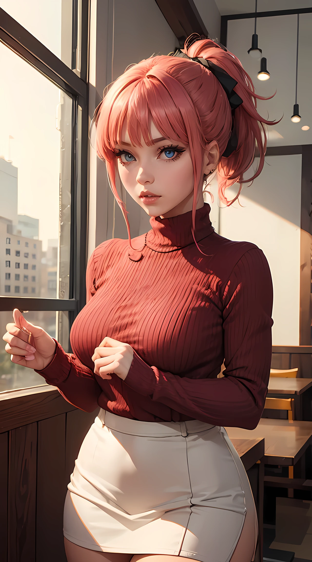 Beautiful red and pink hair woman is shown to have a sexy figure, she is wearing a nsfw turtleneck sweater and cute skirt, high socks,, choker, sexy look, ponytail, hair bows, blue eyes, girl in a coffee shop ,sexy session, sexy pose, cowboy shot, superior quality, many details, realistic