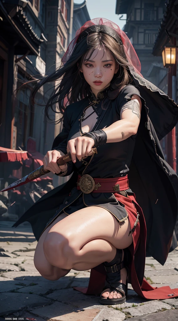 (Frontal focus), (in the darkness: 1), (best quality), (Reality: 1), Realistic skin texture, Very detailed, 8k wallpaper, Volumetric Lighting, Dynamic Lighting, A girl, Black robe, Red belt, Damage to chest clothing, Wearing a veil, Cover mouth and nose, Holding a dagger in front of you, Antique Chinese style, Escape, running, Escape, Hunted down, Waist dagger, Half-squat attack posture, Blood, Ripped Clothes, old Chinese building, night, Drama,