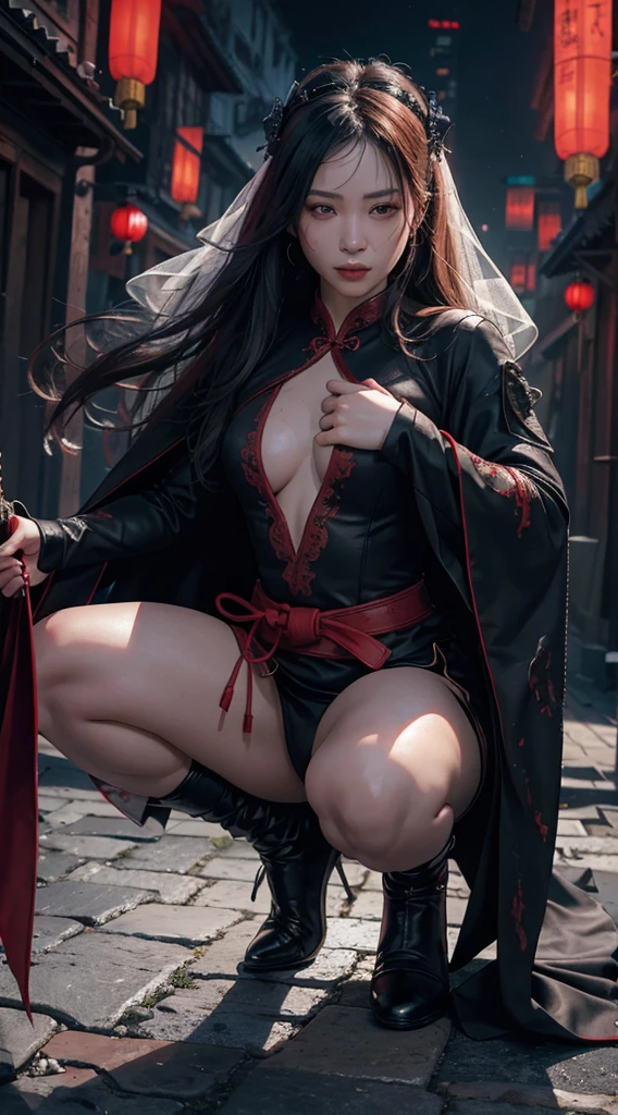 (Frontal focus), (in the darkness: 1), (best quality), (Reality: 1), Realistic skin texture, Very detailed, 8k wallpaper, Volumetric Lighting, Dynamic Lighting, A girl, Black robe, Red belt, Damage to chest clothing, Wearing a veil, Cover mouth and nose, Holding a dagger in front of you, Antique Chinese style, Escape, running, Escape, Hunted down, Waist dagger, Half-squat attack posture, Blood, Ripped Clothes, old Chinese building, night, Drama,