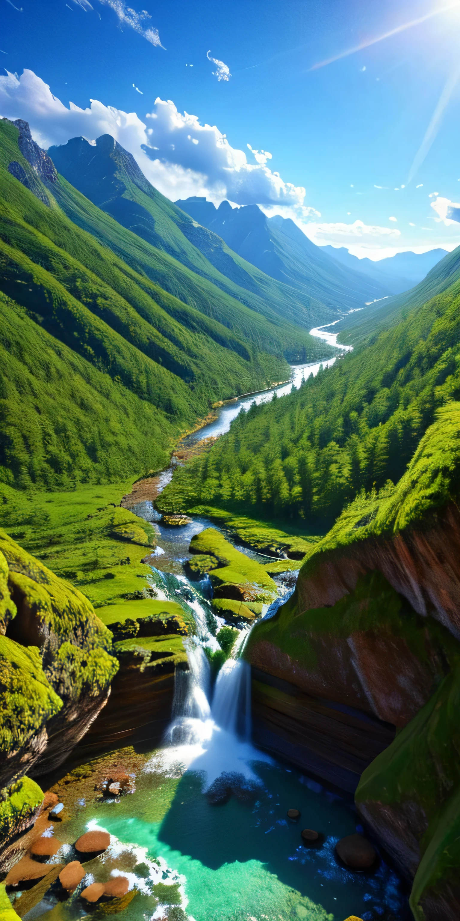 (Ultra-wide-angle lens), (Masterpiece), 8k, A mysterious ancient city where the mountains and the sea blend together, waterfall, Leafy Tree々, Green leaves, snow, Babbling brook. The images are exquisite and beautiful, Full of sun, All mixed together.