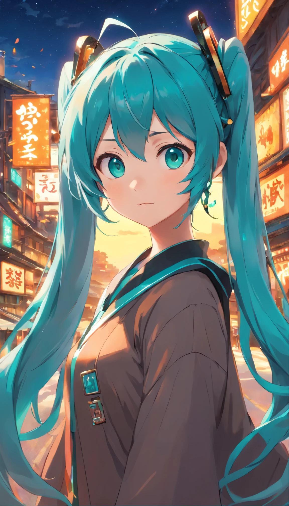 (1girl who drew Hatsune Miku、Ultra-detailed、A cowboy hat to accentuate big eyes、Intricately designed outfit with sequins and holographic effects、Detailed facial features with playful expressions、Artful digital art touch-up、 BREAK、Cowboy Setting、Dusty Road、Sunset in the background、Lasso in hand、High-contrast lighting creates depth and texture、Hatsune Miku&#39;s vibrant colors stand out against the earthy color scenes、 BREAK、Hatsune Miku&#39;s face close-up、Expressing determination and excitement、Freckles and pores are visible、Bring out the realism