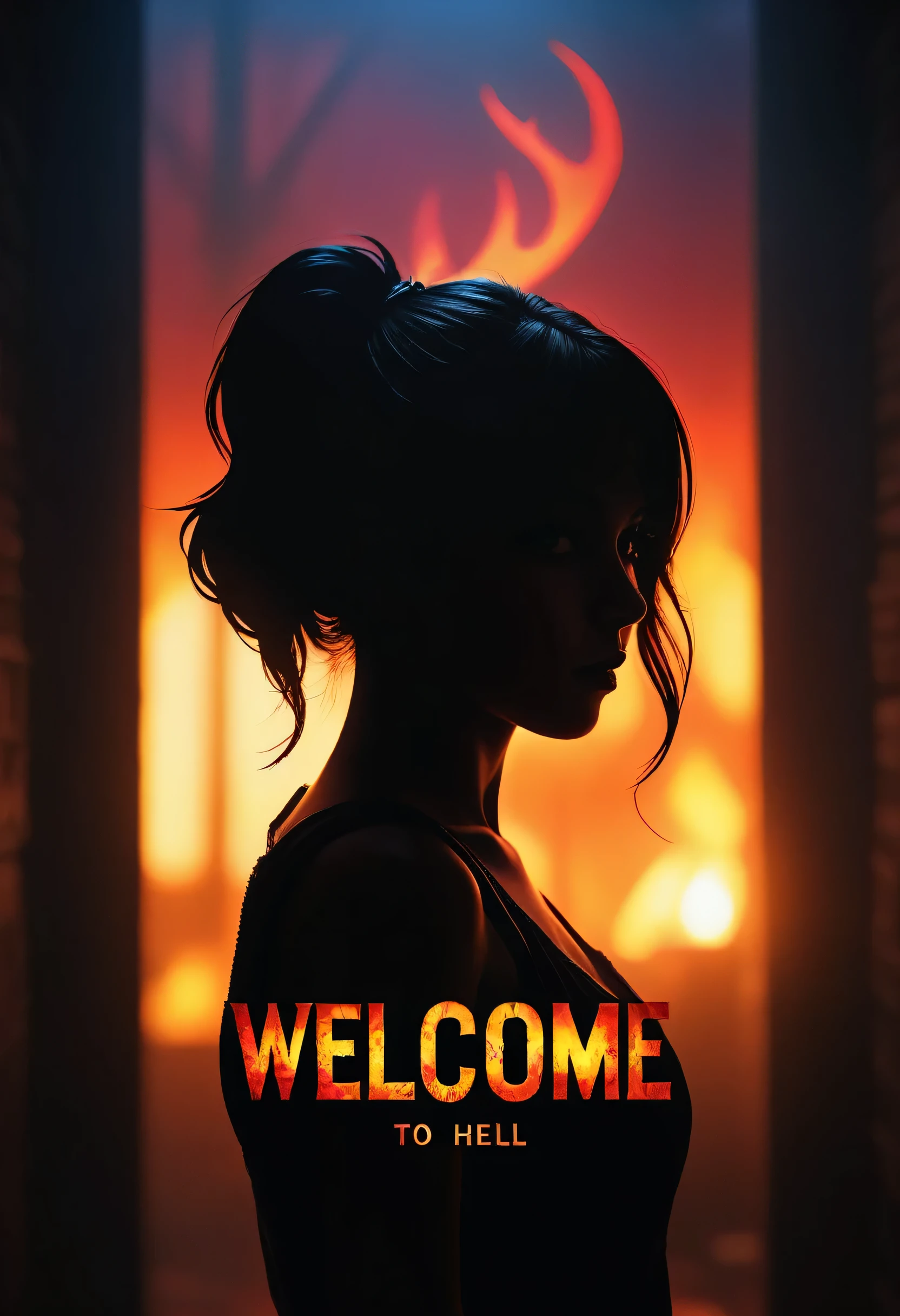 (highest quality,High resolution,masterpiece:1.2),Very detailed,(Realistic,photoRealistic,photo-Realistic:1.37),High resolution,超High resolution,Vibrant colors,Sharp focus,Professionally lit logo. TXT: " WELCOME to HELL". Silhouette of a girl.