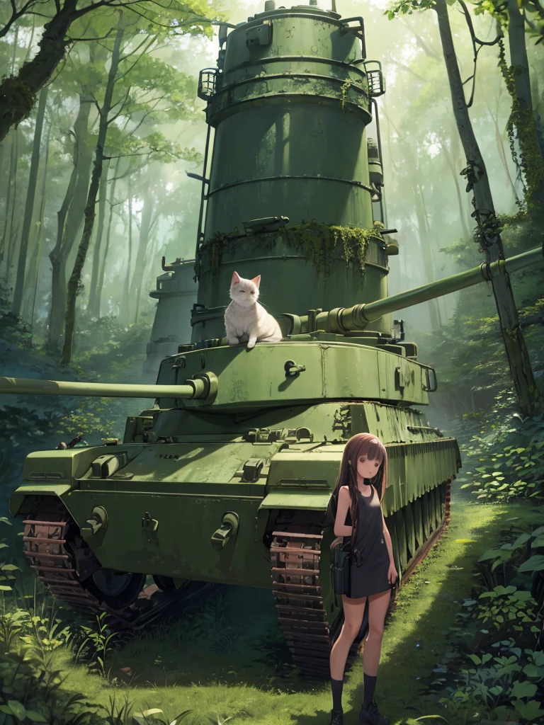 masterpiece、highest quality、High resolution、Very detailed、in the forest、Broken Tank、Rusty Tank、Moss-covered tank、ivy、Girl、stand in front of the tank、smile、With cat、