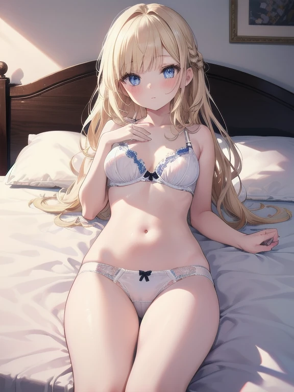 masterpiece, highest quality, Very detailed, 16k, Ultra-high resolution、One , Detailed face、Perfect Fingers, blue eyes, Blonde, Braid, The bangs are cut, White panties, White bra, Classical Western-style room, bed, Lie on your back