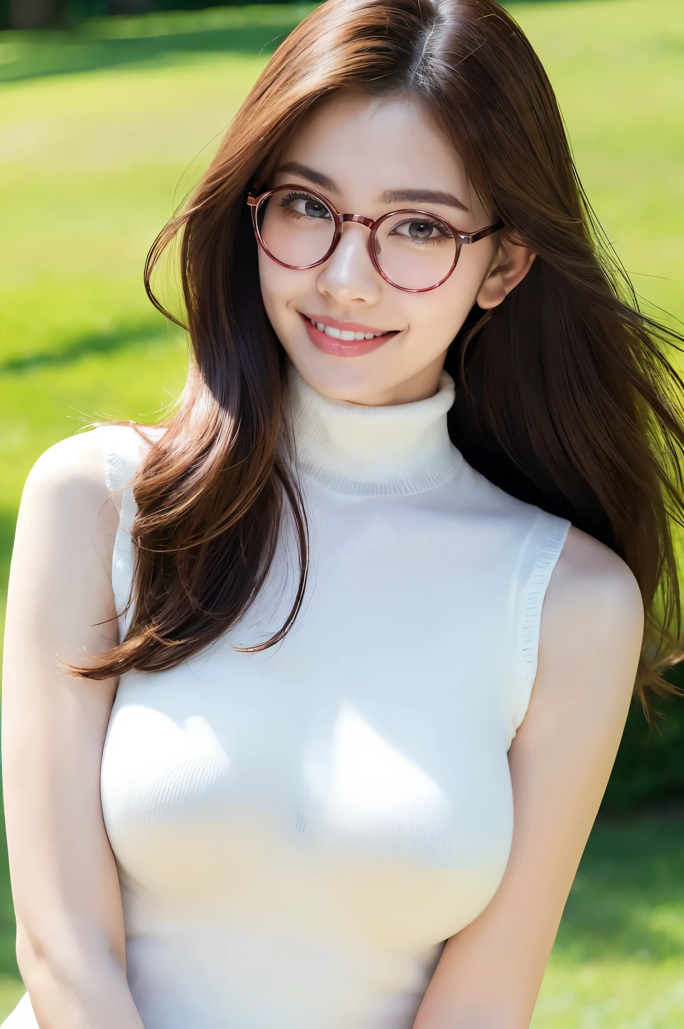 (highest quality、Tabletop、8k、Best image quality、Award-winning works)、One beautiful woman、Age 25、(alone:1.1)、Perfect beautiful composition、(Big and ample breasts:1.2)、(Accentuate your body lines:1.1)、(Perfect white turtleneck sleeveless knit sweater:1.2)、(Bare arms:1.3)、(Classy and perfect round glasses:1.2)、(Elegant red melton skirt:1.2)、(Attractive body:1.1)、Look at me and smile、(Strongly blurred accurate beautiful park background:1.1)、Beautiful grassy park、Standing Elegantly、Droopy eyes、Natural Makeup、Ultra-high definition beauty face、Ultra HD Hair、Ultra HD Shining Eyes、Super high quality glossy lip、(Accurate anatomy:1.1)、(very bright and vivid:1.1)