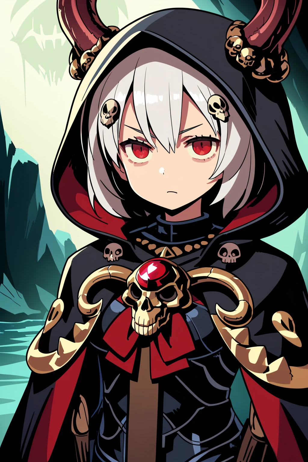 score_9,source_anime,1girl,standing,white hair,beautiful_detailed_eyes,short hair,red eyes,close up,skull hair ornament,looking at viewer,wearing black armor,wearing cloak,wearing hood,chest jewel,skull jewelry,frown,serious,cave,holding skull staff,full-body, bags under eyes,