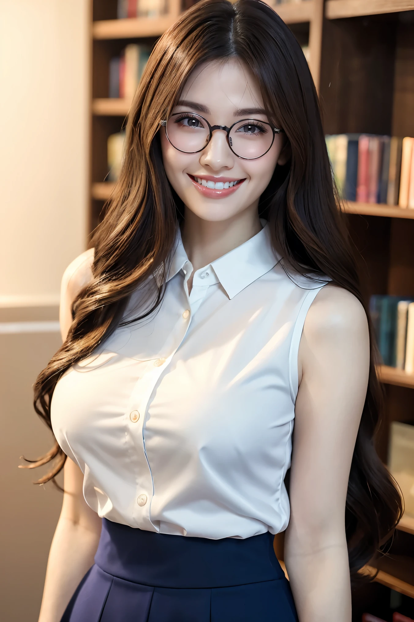 (highest quality、Tabletop、8k、Award-winning works、Ultra-high resolution、Best image quality)、One beautiful woman、(White polyester sleeveless collared blouse:1.2)、(Elegant grey tight skirt:1.1)、(Huge breasts:1.2)、The most beautiful smile is looking at me、laughing out loud, Show off your beautiful teeth、(Elegant round glasses:1.2)、Beautiful and elegant very long wavy hair、library、(Standing Elegantly:1.1)、(Strongly blurred background:1.1)、Stand next to a bookshelf、(Perfectly organized bookshelf:1.1)、Bookshelf in the background、居心地の良いlibrary、lipstick、Long eyelashes、Heavy makeup、Perfect Makeup、Colored contact lenses、Accentuate your body lines、Big ample breasts、Soft and warm lighting、Detailed bookshelf、(Ultra-high resolutionの正確な美しい髪:1.1)、(Accurate anatomy:1.2)、Ultra-high definition beautiful eyes、Ultra-high definition beautiful teeth、(Super bright and radiant skin:1.1)