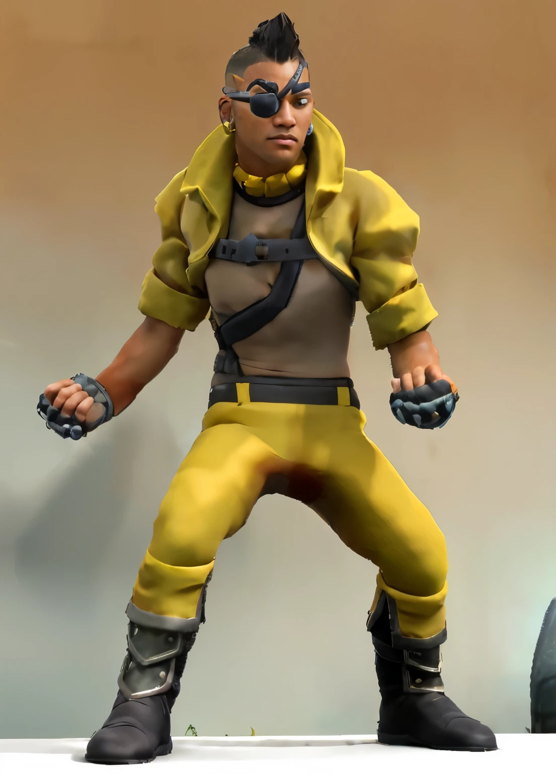 tan samoan man with a undercut mohawk wearing an eye patch and earings, wearing yellow and tan clothing, fighting pose