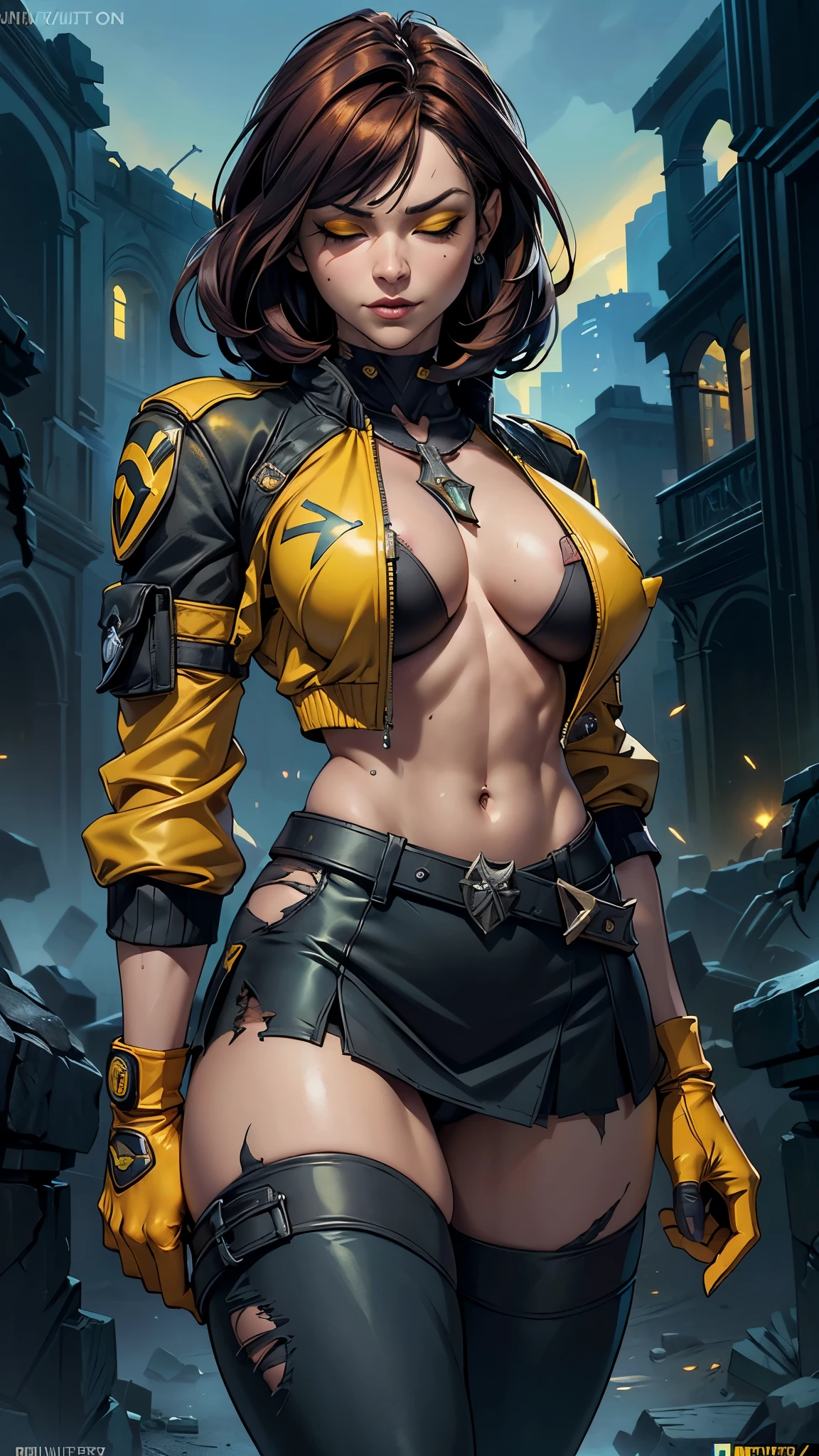 score_9, score_8_up, score_7_up, Rogue from X-Men , beautiful girl,,(Fondo de ruinas de mazmorra en ruinas:1.4 ), (miniskirt yellow plisada:1.4), ,(cabello largo amarillo negro :1.4), blush, perfect eyes, red hair with white bangs, flying in sky, half-closed eyes, hearts, seductive, green eyes, solo, nsfw, (tight torn yellow shirt:1.4) , (tight torn yellow pants:1.4) ,( yellow gloves_:1.4) , (exposed nippless__:1.4) ,( exposed vulvaa__:1.4) ,(bomber jacket with X-Men logo patch on one sleeve:1.4) , realistic, 18 year old, arms raised, ((nipslip)), body facing viewer , X-Men logo belt buckle, (Fondo ciudad destroyed apocalypse fantasy:1.4), (Obra maestra: 1.4), (8K, realista, foto cruda, La mejor calidad: 1.4),Dedos perfectos, Cinco dedos, anatomically correct,,(Fondo de ruinas de mazmorra en ruinas cyberpunk :1.4 ), (miniskirt yellow rasgados :1.4),( no mutaciones)