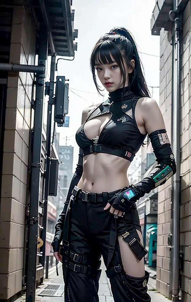 ((best quality)), ((masterpiece)), (Very detailed:1.3), 3D, fair (Cyberpunk:1.3) street warrior woman，thick hair，indefinite shape, Pistol on hip.European,