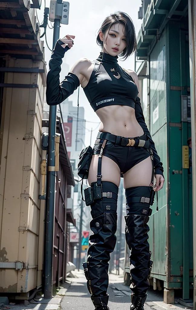 ((best quality)), ((masterpiece)), (Very detailed:1.3), 3D, fair (Cyberpunk:1.3) street warrior woman,thick hair,indefinite shape, Pistol on hip.European,