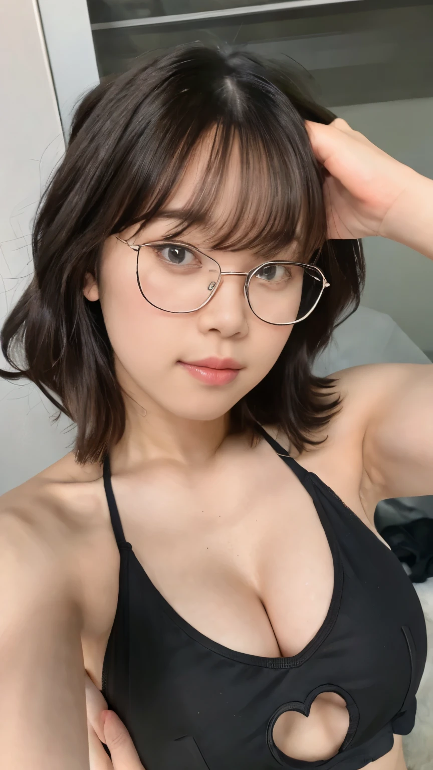 1 Female,Wearing a tank top with her chest slightly exposed,Focus on the cleavage,Wearing leggings,Panty lines,sexy,Realistic,Highest quality,8K, Ultra high definition,RAW Photos,Perfect figure,Beauty,Small breasts,View your viewers,Shooting from directly in front,Thin glasses