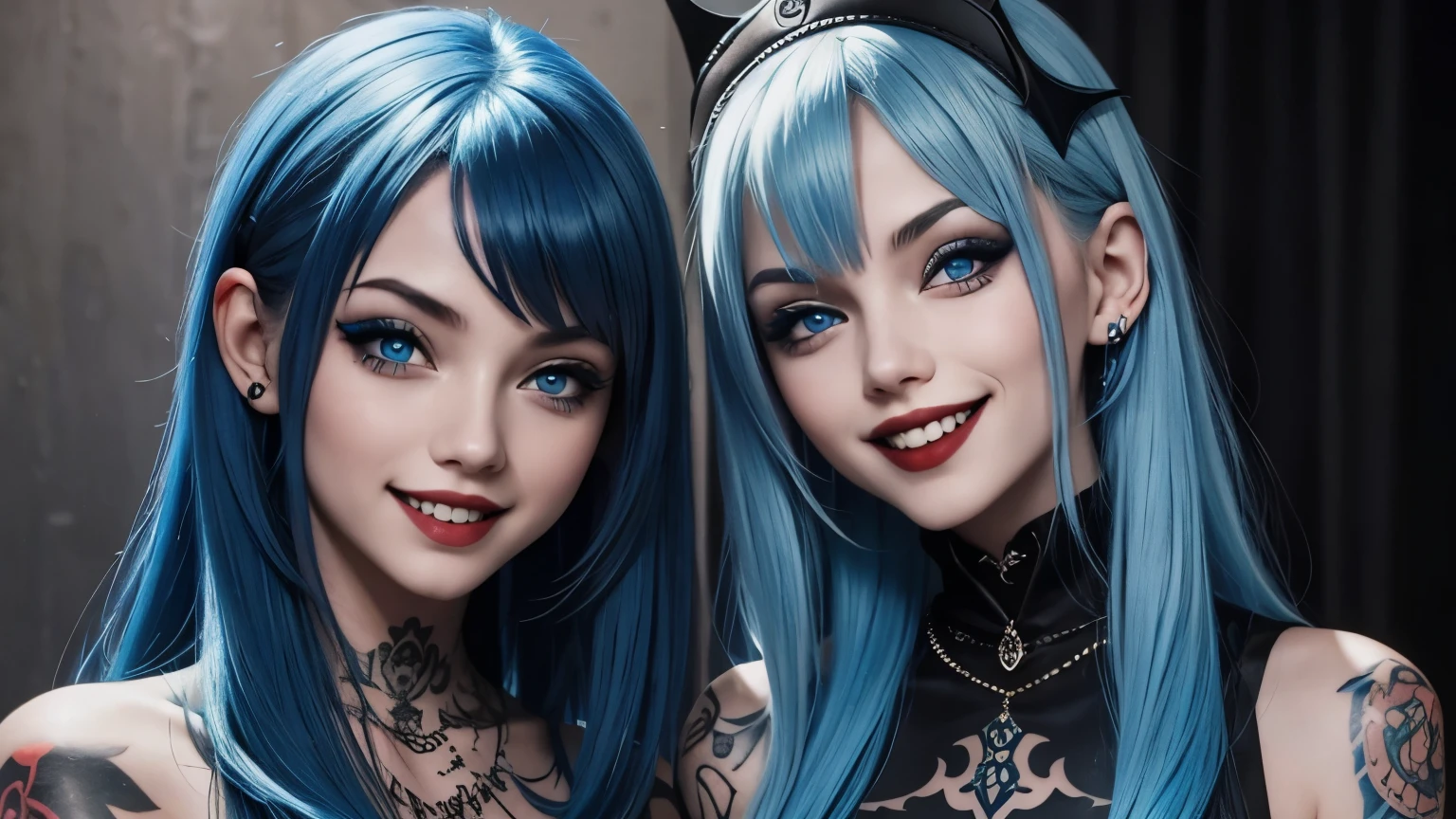 Tattoed girl, lont blue hair, blue eyes, smilling, vampire teeth