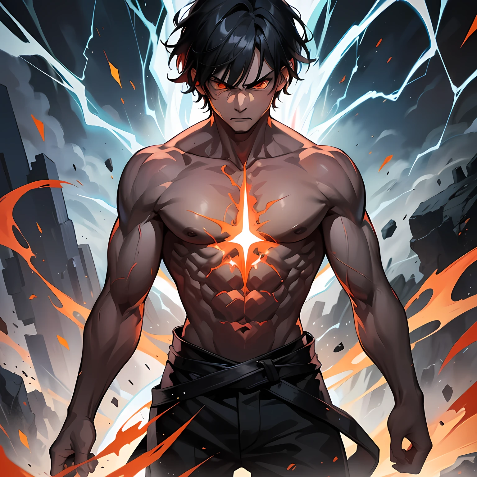 1 man, weak, thin, angry, red aura, black hair, lighting orange eyes, lighting, dramatics, superpower lighting, without clothes, topless, 