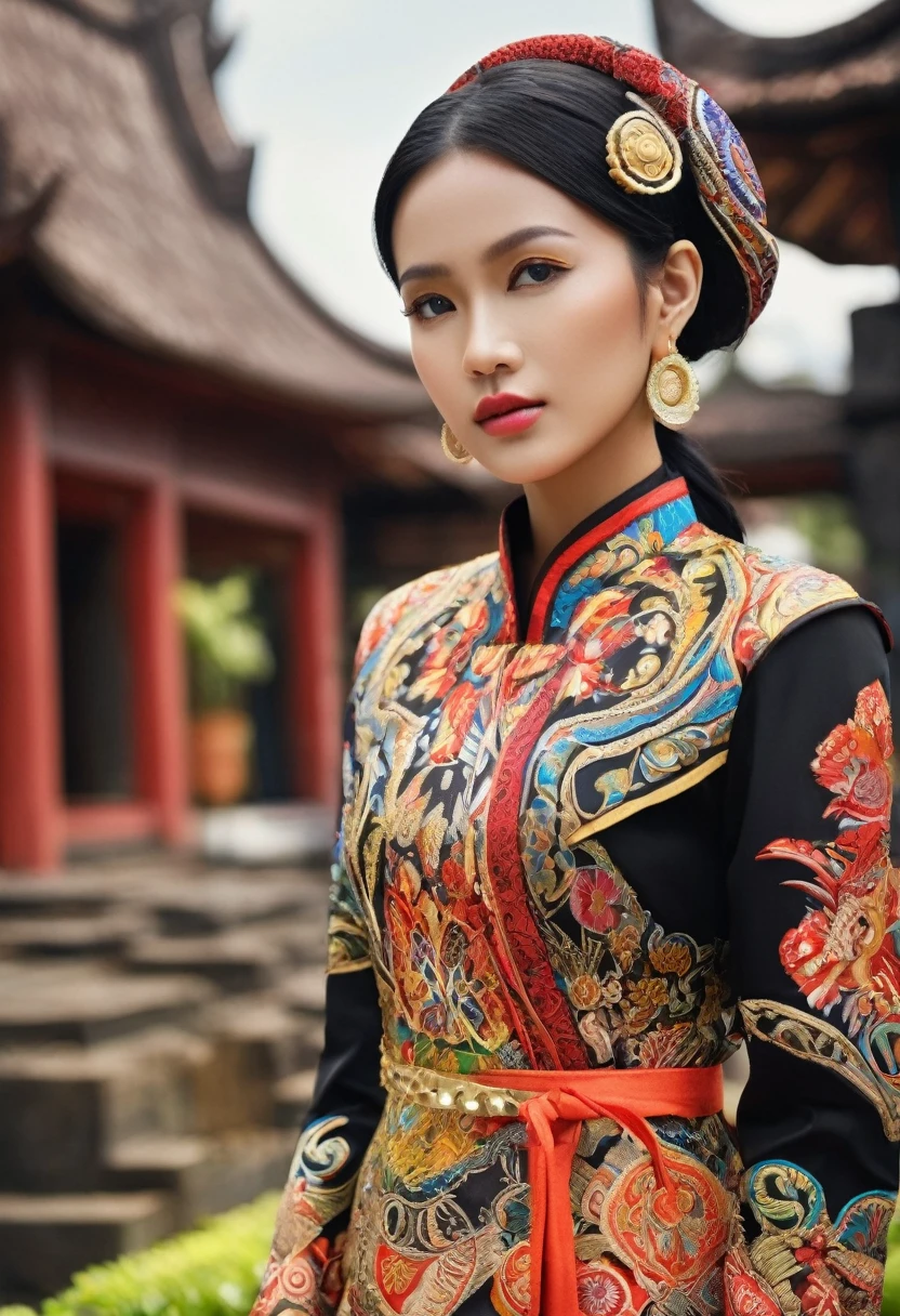 A girl wearing an Indonesian-style futuristic outfit，It embodies cultural integration and modern fashion. The suit is decorated with intricate patterns and bright colors, Showcasing Indonesia’s rich cultural heritage. The girl stood confidently，Strike a dynamic pose, Her meticulous eyes reflect determination and curiosity. The material of this suit is a combination of traditional textiles and future synthetic fibers, Giving it a unique and edgy look. Overall image quality is of the highest standard, Sharp focus，Detail rendering. This artwork uses physically based rendering techniques, Produces realistic lighting and shadows. Bright colors, Capturing the essence of Indonesian cultural aesthetics. The background combines modern architecture and traditional elements, Creating a fusion of the past and the future. The theme explores the intersection of Indonesian culture, Futuristic design, And the artistic image of a confident girl.