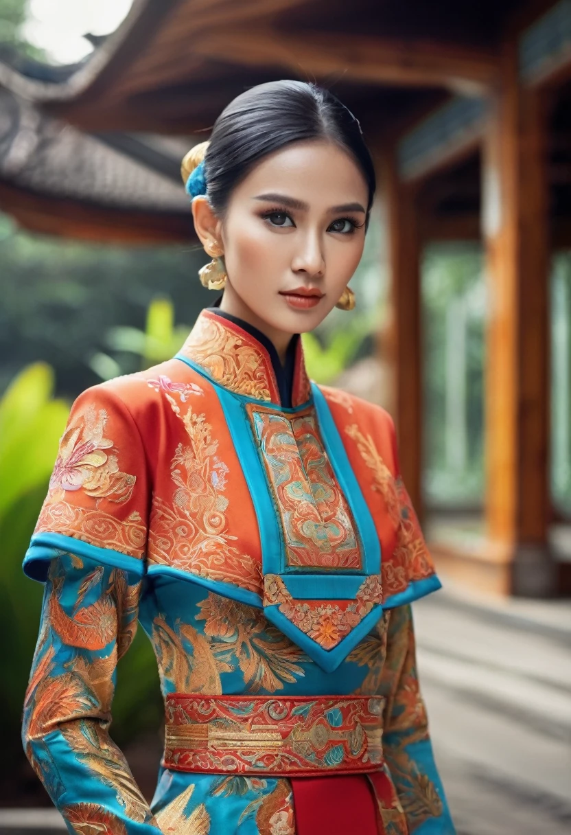 A girl wearing an Indonesian-style futuristic outfit,It embodies cultural integration and modern fashion. The suit is decorated with intricate patterns and bright colors, Showcasing Indonesia’s rich cultural heritage. The girl stood confidently,Strike a dynamic pose, Her meticulous eyes reflect determination and curiosity. The material of this suit is a combination of traditional textiles and future synthetic fibers, Giving it a unique and edgy look. Overall image quality is of the highest standard, Sharp focus,Detail rendering. This artwork uses physically based rendering techniques, Produces realistic lighting and shadows. Bright colors, Capturing the essence of Indonesian cultural aesthetics. The background combines modern architecture and traditional elements, Creating a fusion of the past and the future. The theme explores the intersection of Indonesian culture, Futuristic design, And the artistic image of a confident girl.
