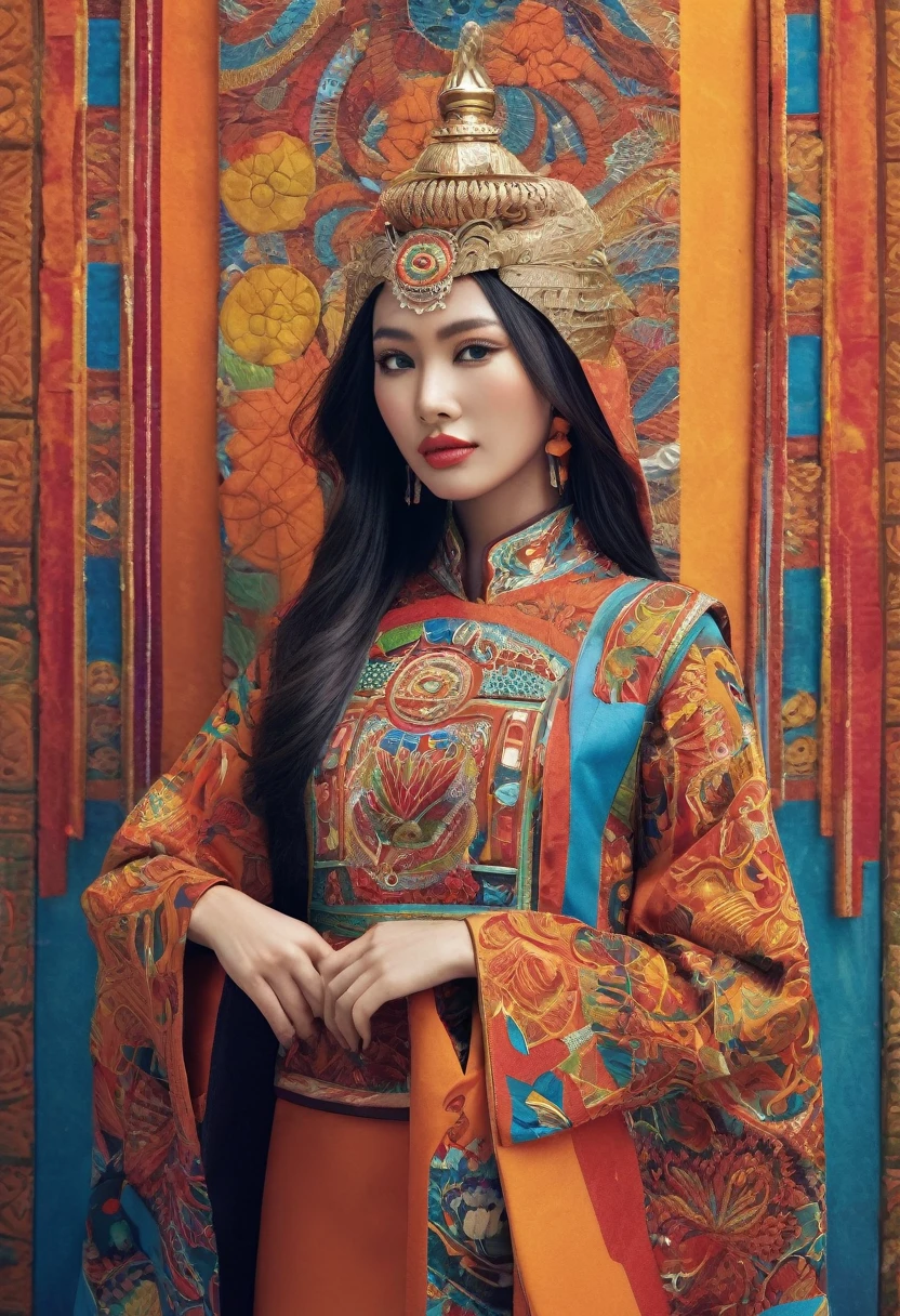 A girl wearing an Indonesian-style futuristic outfit,It embodies cultural integration and modern fashion. The suit is decorated with intricate patterns and bright colors, Showcasing Indonesia’s rich cultural heritage. The girl stood confidently,Strike a dynamic pose, Her meticulous eyes reflect determination and curiosity. The material of this suit is a combination of traditional textiles and future synthetic fibers, Giving it a unique and edgy look. Overall image quality is of the highest standard, Sharp focus,Detail rendering. This artwork uses physically based rendering techniques, Produces realistic lighting and shadows. Bright colors, Capturing the essence of Indonesian cultural aesthetics. The background combines modern architecture and traditional elements, Creating a fusion of the past and the future. The theme explores the intersection of Indonesian culture, Futuristic design, And the artistic image of a confident girl.