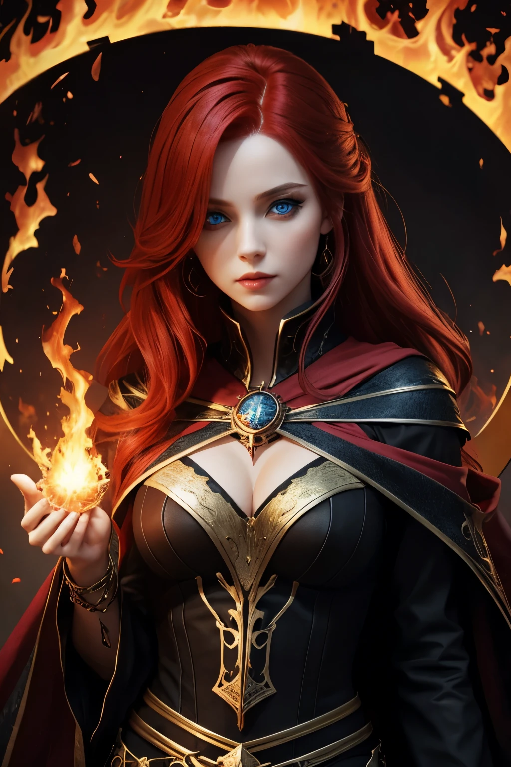 Sorceress, Scarlet hair, piercing blue eyes, black and gold clothing, fire