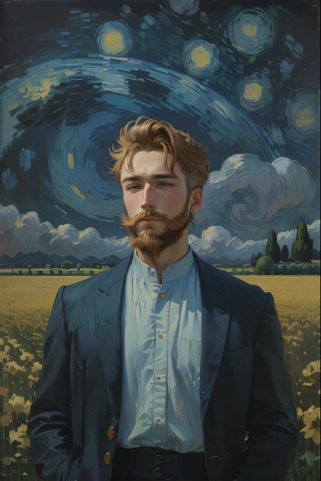 painting of a man with a beard and a blue shirt in a field, inspired by Vincent Lefevre, vincent, vincent van gogh style, style of van gogh, in style of van gogh, van gogh art style, van gogh style, von gogh, vincent van gogh!!!, style of vincent van gogh, van gogh painting, inspired by Vincent Van Gogh