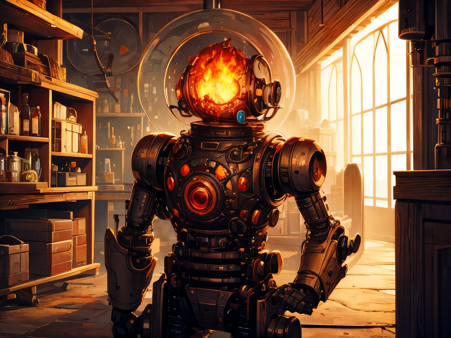 AN OLD ROBO WITH A GLASS DOME ON THE CHEST EXPOSING ITS HEART OF FIRE, THE ROBO IS OLD AND RUSTY