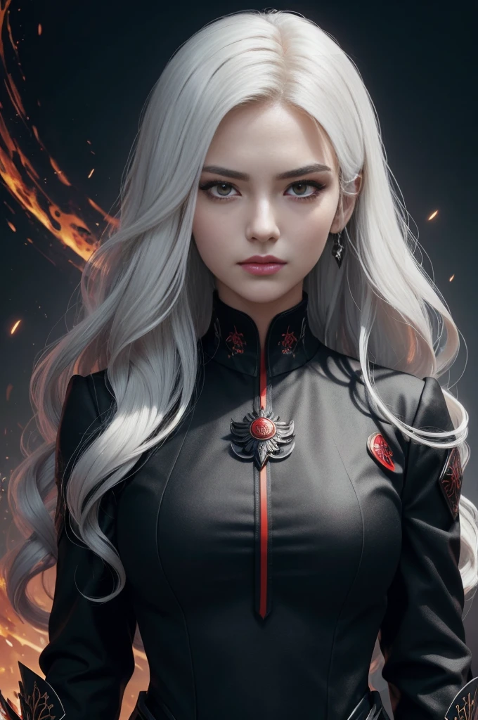 Portrait of a beautiful girl with wavy white hair, Wear a formal black dress with metallic parts, Red Eyes, Letter combination on background, number, Dark, 8k, Intricate details, High quality, 复古future风格, Sharp focus on the center, Soft colors, Art Station, (Science Fiction, future, future theme), (A contemptuous expression appeared on his face), (Detailed description)