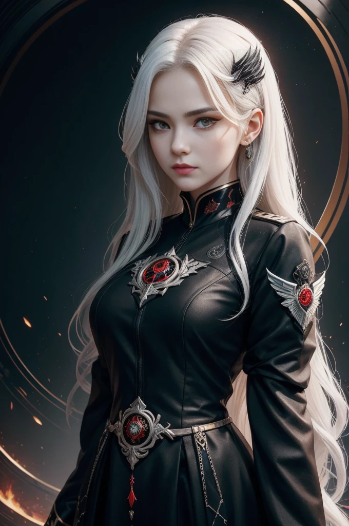 Portrait of a beautiful girl with wavy white hair, Wear a formal black dress with metallic parts, Red Eyes, Letter combination on background, number, Dark, 8k, Intricate details, High quality, 复古future风格, Sharp focus on the center, Soft colors, Art Station, (Science Fiction, future, future theme), (A contemptuous expression appeared on his face), (Detailed description)