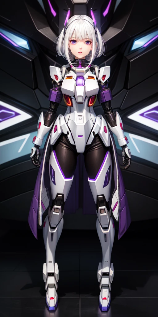 Practical, Girl one, White hair, Purple Eyes, Shining eyes, Mecha suit, Gundam, Metal, Intricate details, Detailed neon lights, Open your mouth,
