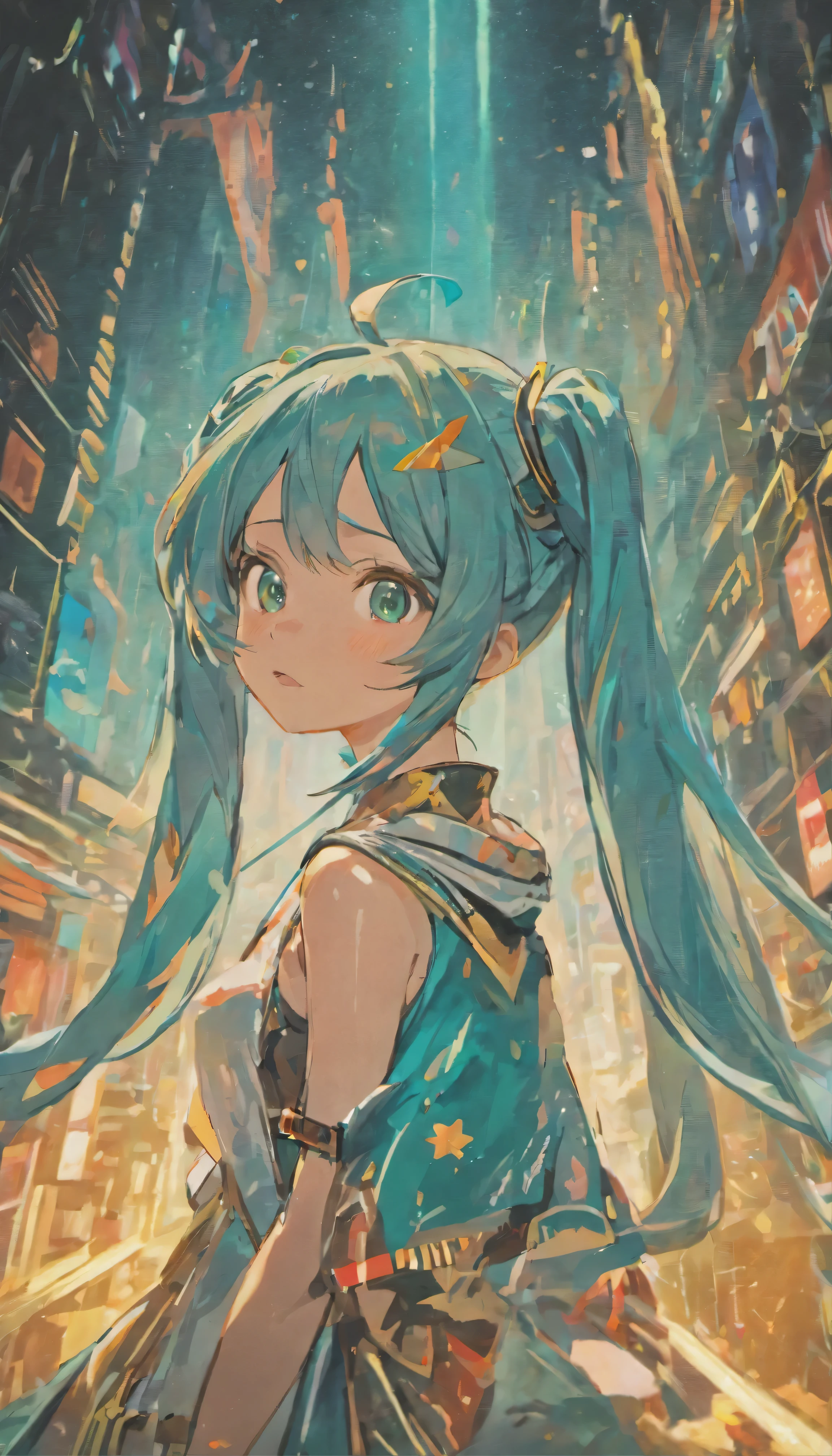 (1girl who drew Hatsune Miku、Ultra-detailed、A cowboy hat to accentuate big eyes、Intricately designed outfit with sequins and holographic effects、Detailed facial features with playful expressions、Artful digital art touch-up、 BREAK、Cowboy Setting、Dusty Road、Sunset in the background、Lasso in hand、High-contrast lighting creates depth and texture、Hatsune Miku's vibrant colors stand out against the earthy color scenes、 BREAK、Hatsune Miku's face close-up、Expressing determination and excitement、Freckles and pores are visible、Bring out the realism