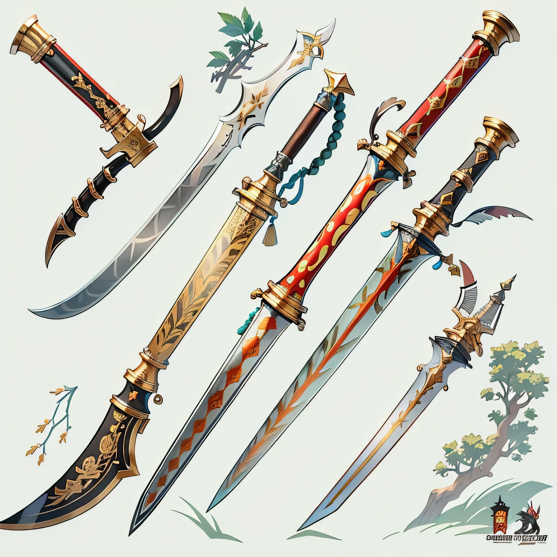 (((best quality))), (((masterpiece))), Weapons to be included in the Weapon Encyclopedia, Two-handed sword, big knife, oriental weapons, white background, Crisp Lines, Colorful colors,