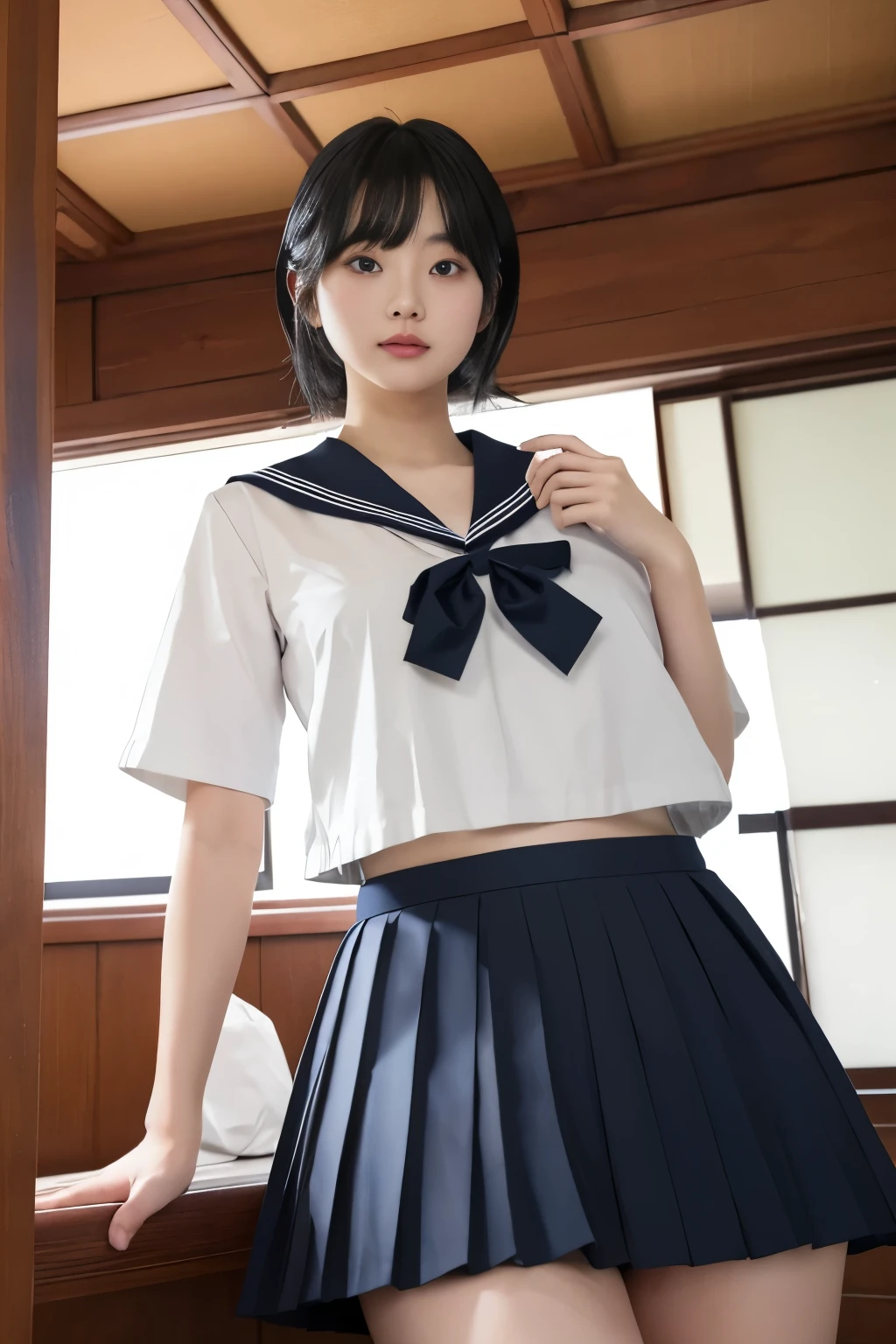 Masterpiece、highest quality、Woman 1、Super detailed、真下からceilingを見上げた図　Black Hair　Face seen from below　Japanese 、Sailor suit、Pleated skirt、Skirt over swimsuit　Soft thighs、Thick legs、stomach　skirt lift、Swimsuit from under the skirt　ceiling