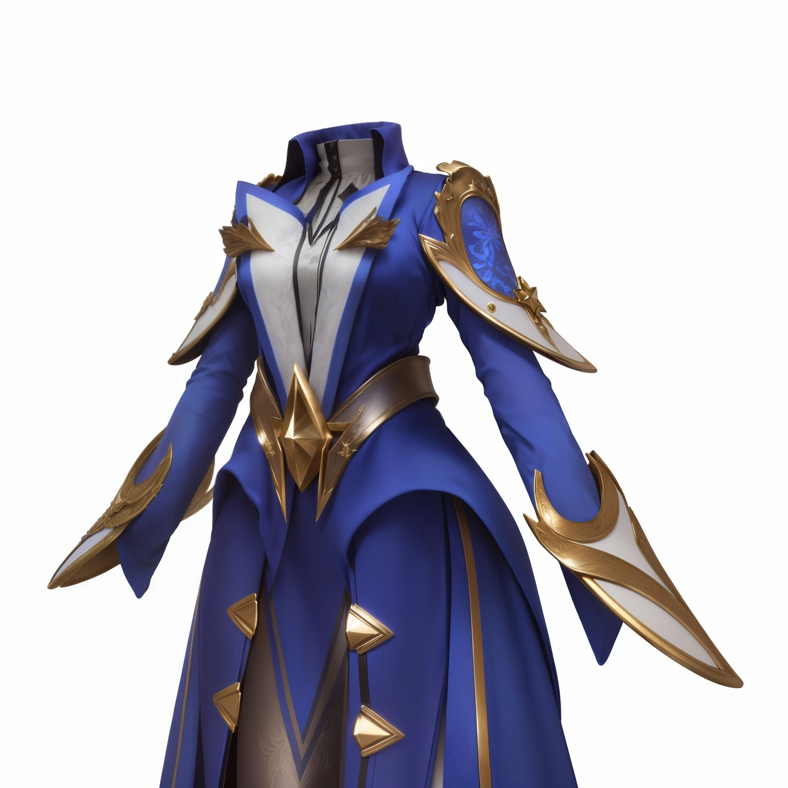 Close-up of a blue and white metallic dress，There is a star on it, Regal dark blue dress, robe，Leather belt, Extremely high detail，Metallic luster，4K，High precision，Gorgeous and exquisite clothing